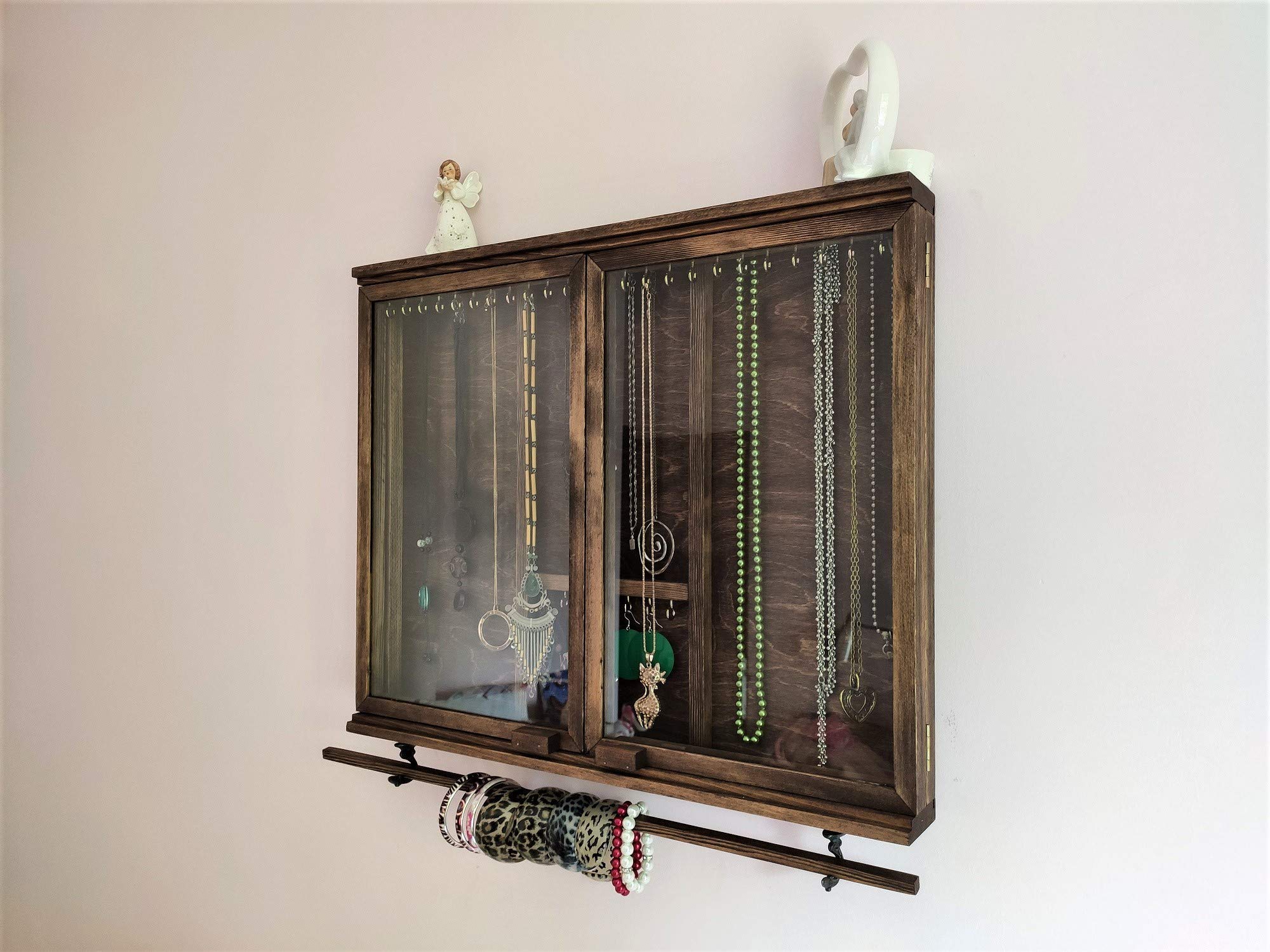 Large Solid Wood Jewelry Cabinet with Glass Door - Wall Mounted Earring Organizer & Necklace Display - Perfect for Bracelets, Rings & Jewelry Storage - Elegant Chocolate Finish - Ideal for Bedroom, Closet or Dressing Room Organization