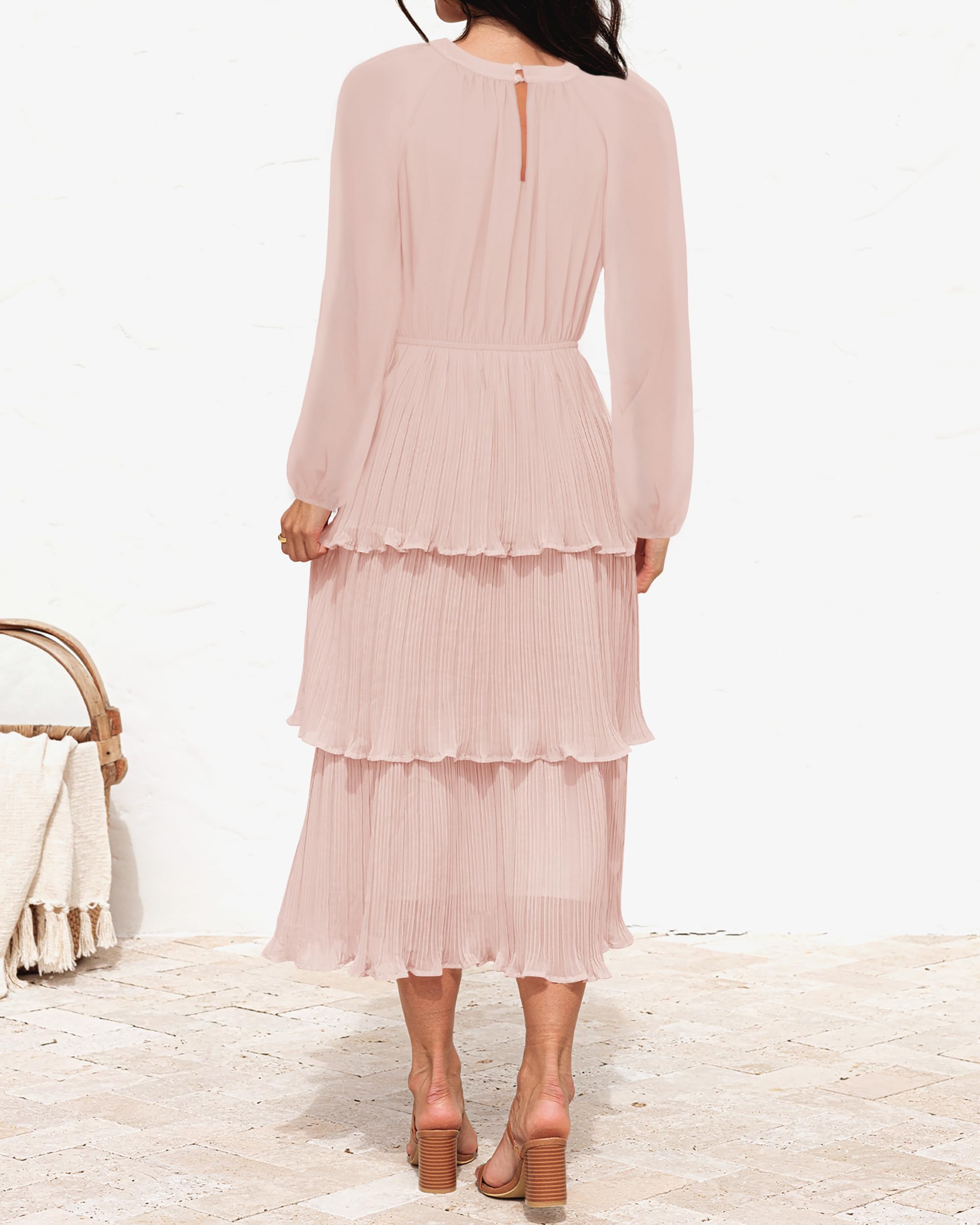 ZESICA Women's 2025 Long Sleeve Chiffon Dress with Ruffle Tiered Layers - Elegant Crew Neck Swing Midi Dress for Party, Wedding & Special Occasions