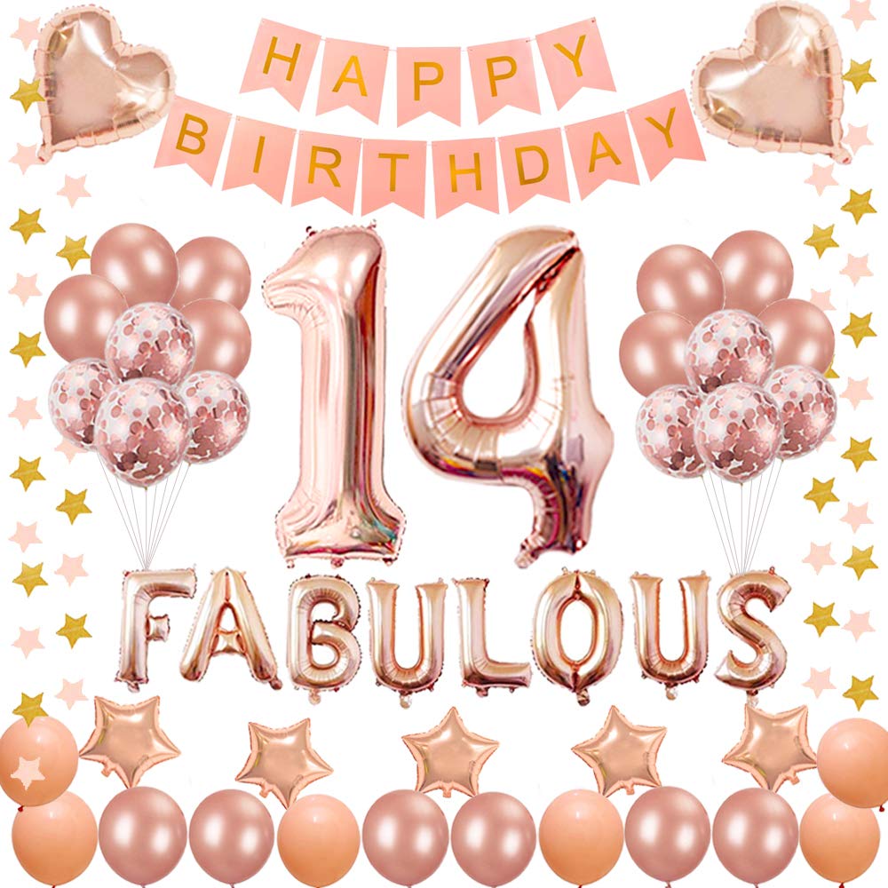 Succris 14th Birthday Party Decorations Set - Pink & Rose Gold Happy Birthday Banner, Confetti, Number 14 Balloons, Star Balloons for Teen Girl Birthday Celebration - Perfect for Sweet 14 Party Decor, Photo Backdrops & Milestone Birthday Themes