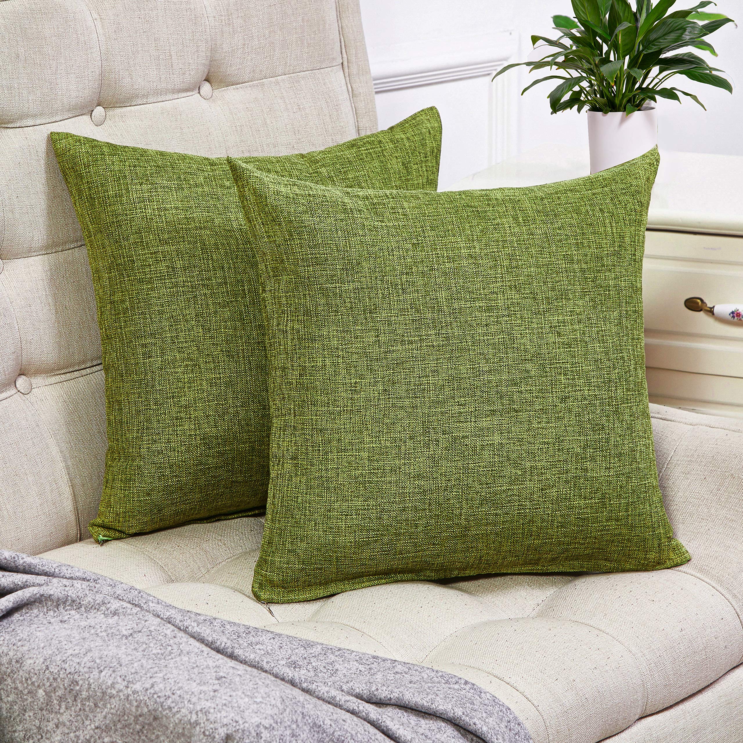 Anickal Set of 2 Green Linen Pillow Covers 16x16 Inch - Rustic Decorative Square Throw Pillow Covers for Sofa, Couch & Bed - Perfect for Living Room, Bedroom & Home Decor
