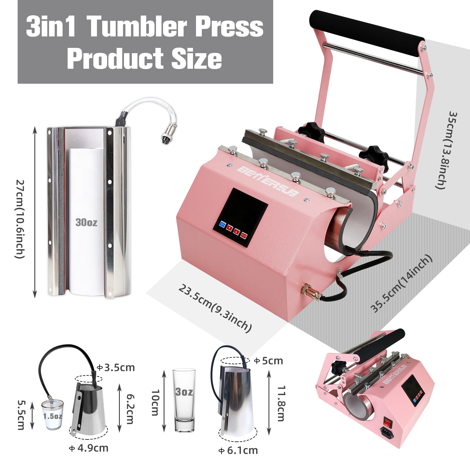 BetterSub 3-in-1 Sublimation Heat Press Machine for 11oz-30oz Tumblers, Mugs & Shot Glasses - Perfect for DIY Custom Drinkware, Gifts & Small Business (Pink)