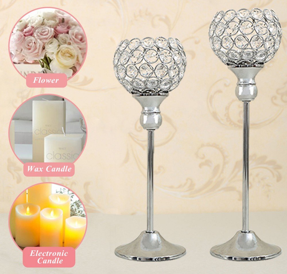 VINCIGANT Silver Crystal Votive Candle Holders Set of 2 - Elegant Tea Light Candle Stand for Wedding Centerpieces, Dining Table Decor, Christmas, Housewarming Gifts - Perfect for Romantic Dinners, Holiday Decorations & Special Occasions