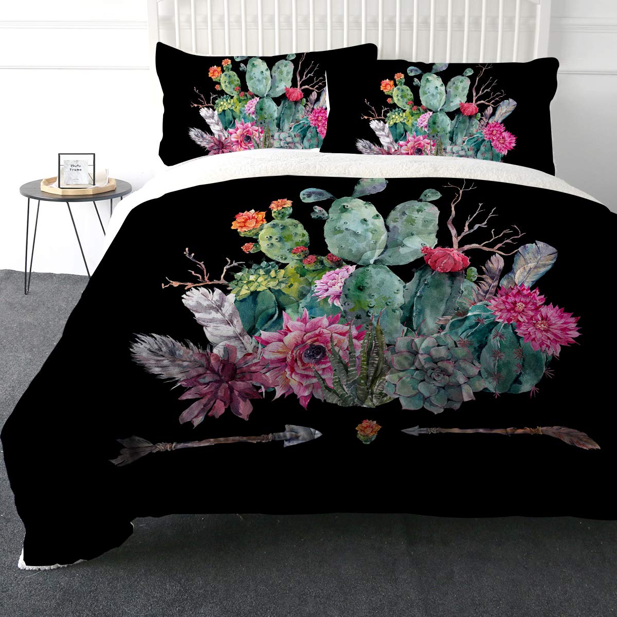 Super Soft Sherpa Comforter Set - Faux Fur Bedspread & 3D Lightweight Fuzzy Duvet Blanket with Polyester Filler - King Size Boho Cactus Print - Includes 2 Pillow Shams - Cozy Bedding for Winter Nights & Boho Chic Bedroom Decor