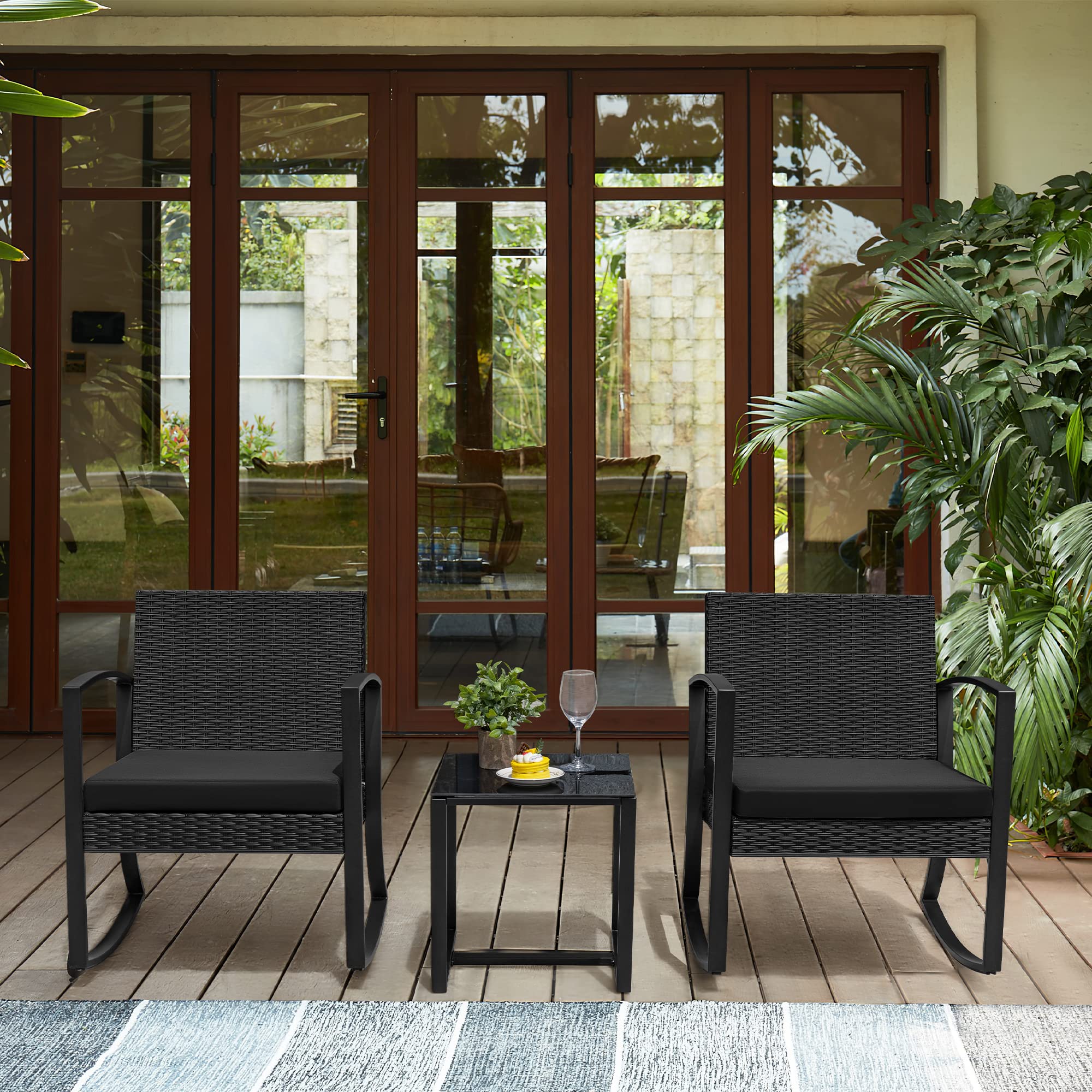 Greesum 3-Piece Outdoor Patio Furniture Set - Dark Black Bistro Rocking Chairs with Glass Coffee Table for Poolside, Beach, Backyard, Balcony, Porch & Garden Decor | Perfect for Relaxing, Entertaining & Outdoor Dining