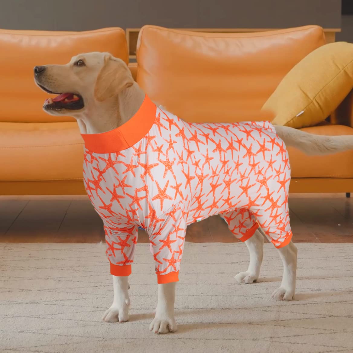 LovinPet Big Dog Pajamas - UV Protection & Anxiety Relief Onesie, Breathable Sea Friends Slub Salmon Print Dog Pjs for Large Dogs | Dog Surgery Recovery Suit, Comfortable Dog Sweater for Post-Op Care & Indoor Relaxation