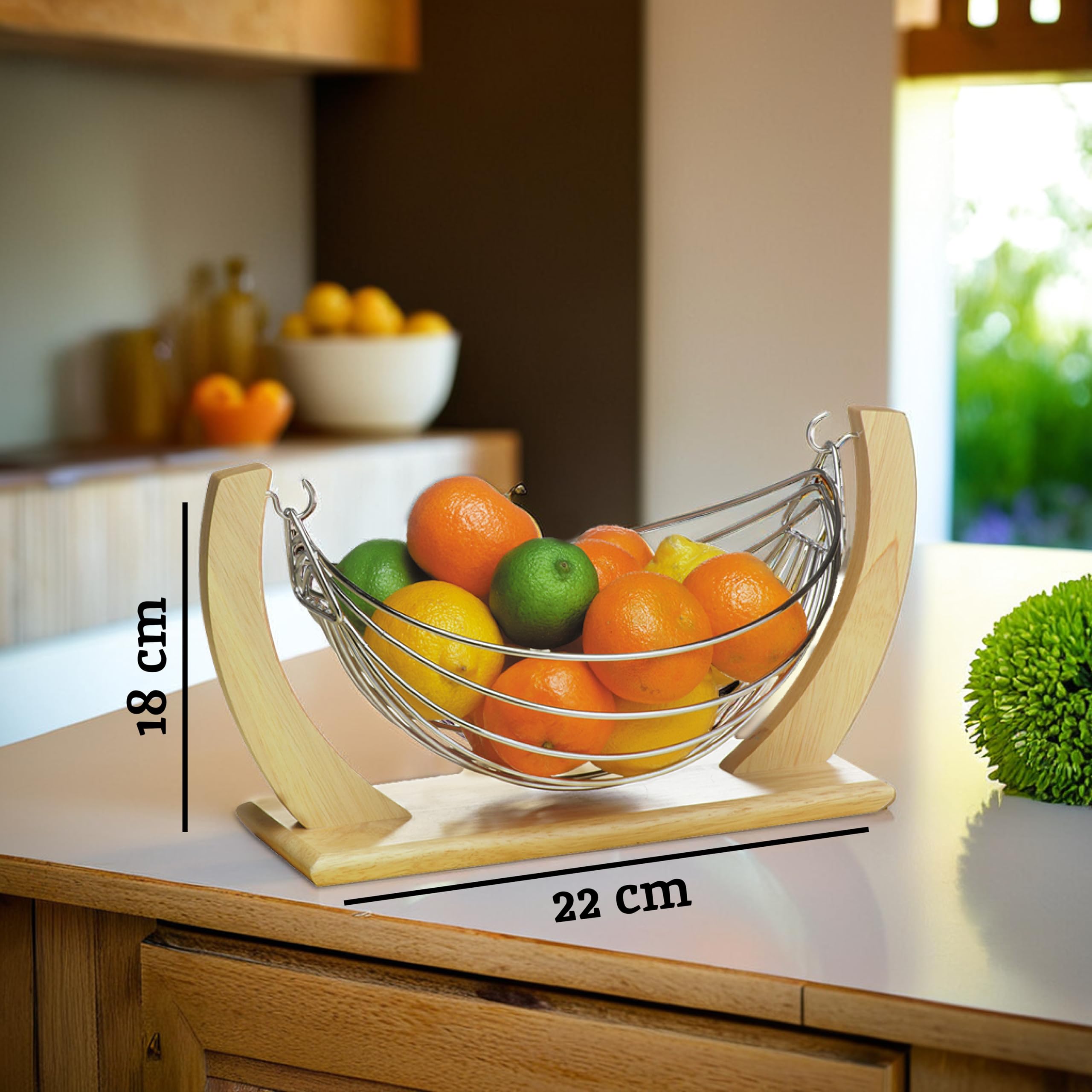 Premium Small Fruit Hammock - Natural Rubber Wood & Chrome Kitchen Storage - Perfect for Organizing Bananas, Apples, and Produce in Pantry, Countertop, or Dorm Room
