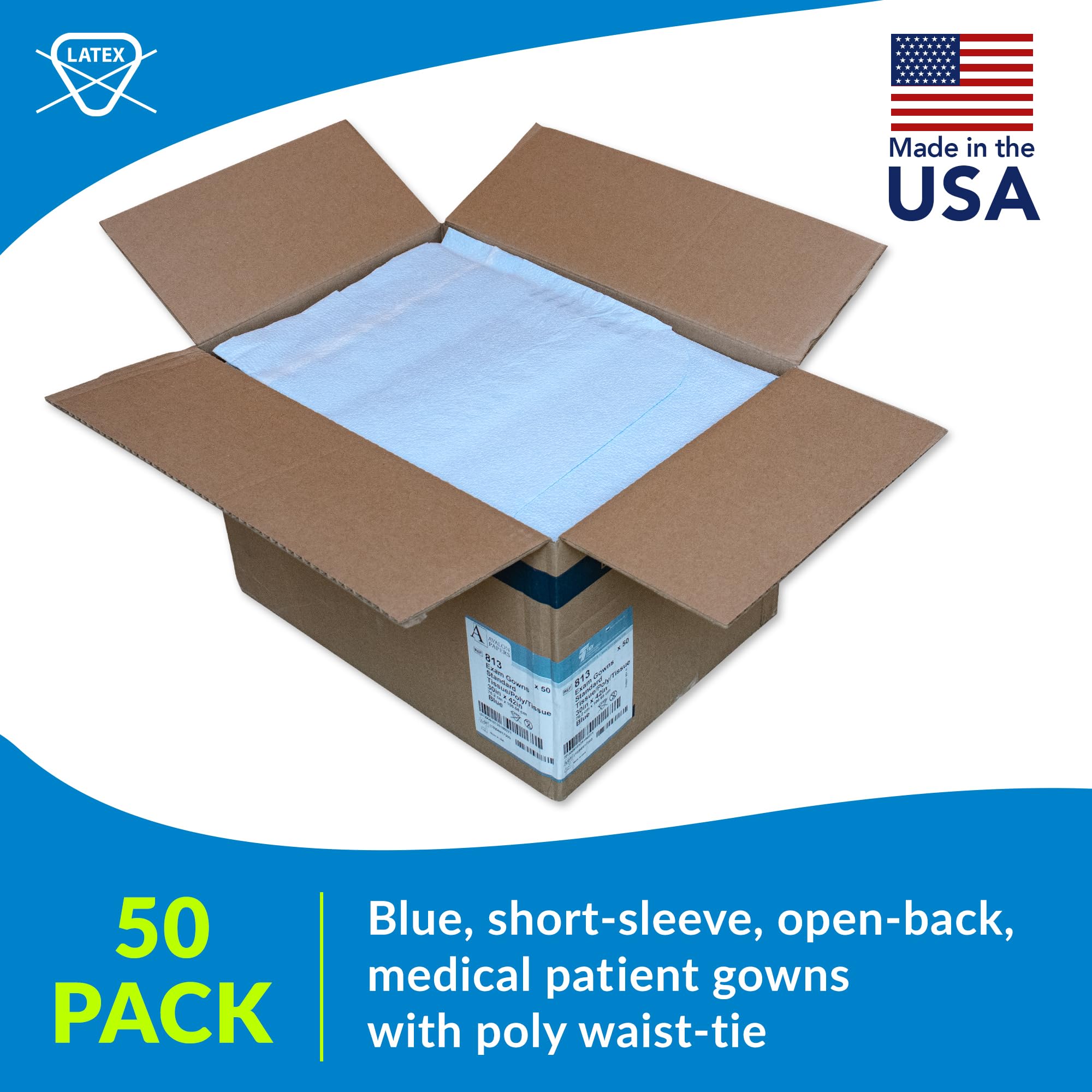 **Disposable Blue Medical Gowns - Pack of 50, Standard Size 30