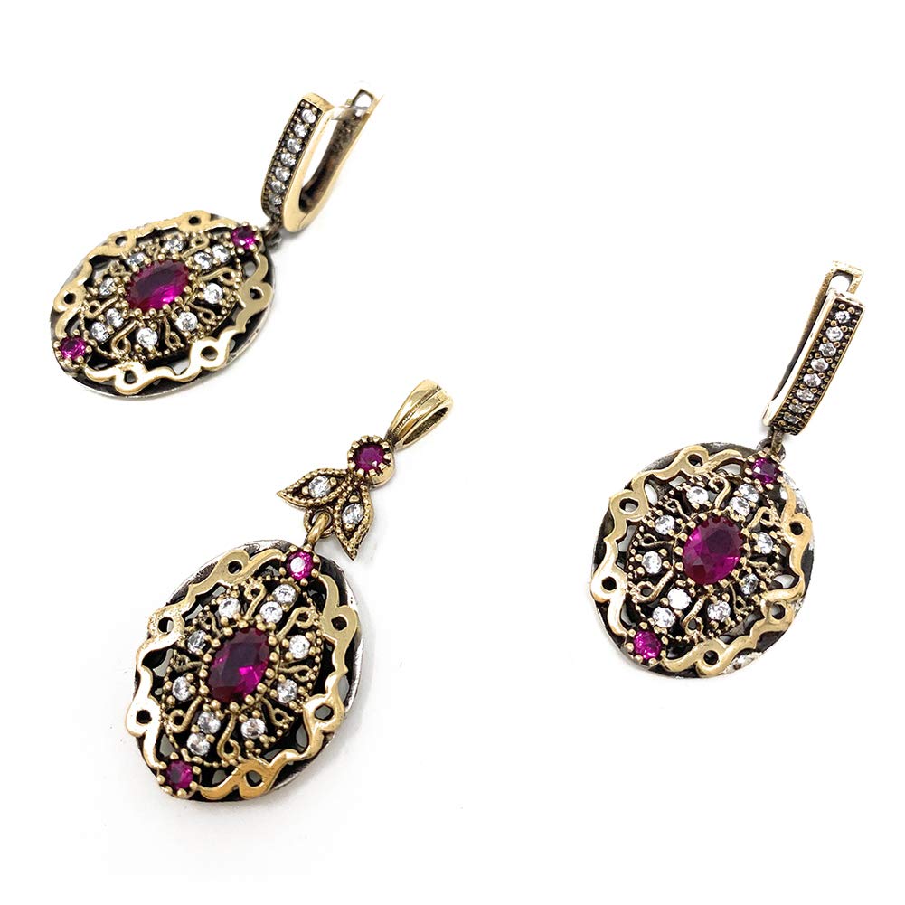 Exquisite Ottoman Turkish Sultan Oxidized Sterling Silver Dangle Earrings & Pendant Set with Chain - Elegant Jewelry Gift for Women - Perfect for Weddings, Parties, and Special Occasions