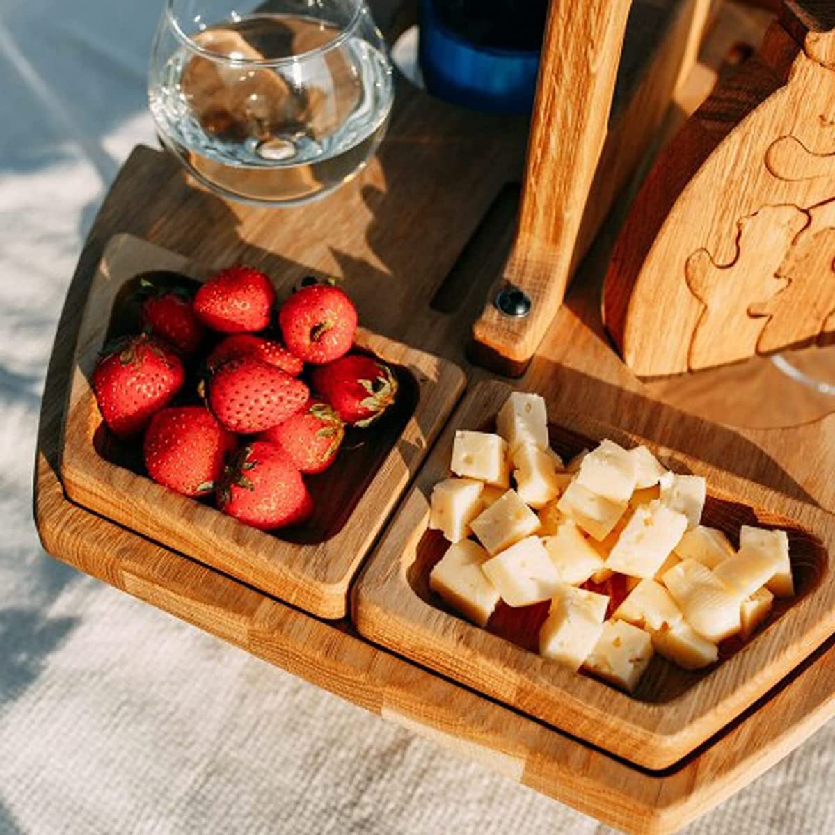 Portable Wooden Picnic Wine Table with Handle - Outdoor Snack & Cheese Tray with Detachable Wine Bottle & Goblet Holder - Foldable Beach Bar Table Serving Platter for Backyard, Camping, and Beach Parties