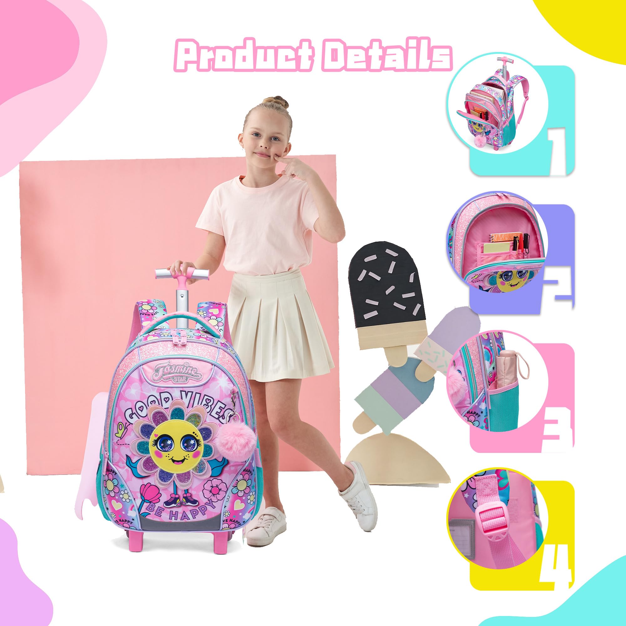 Meetbelify 3-in-1 Rolling Backpack for Girls Age 8-10 - Wheeled School Backpack with Lunch Box & Pencil Case, Convertible Carry-On Travel Luggage for Elementary & Preschool Students - Perfect for School, Travel & Daily Commute