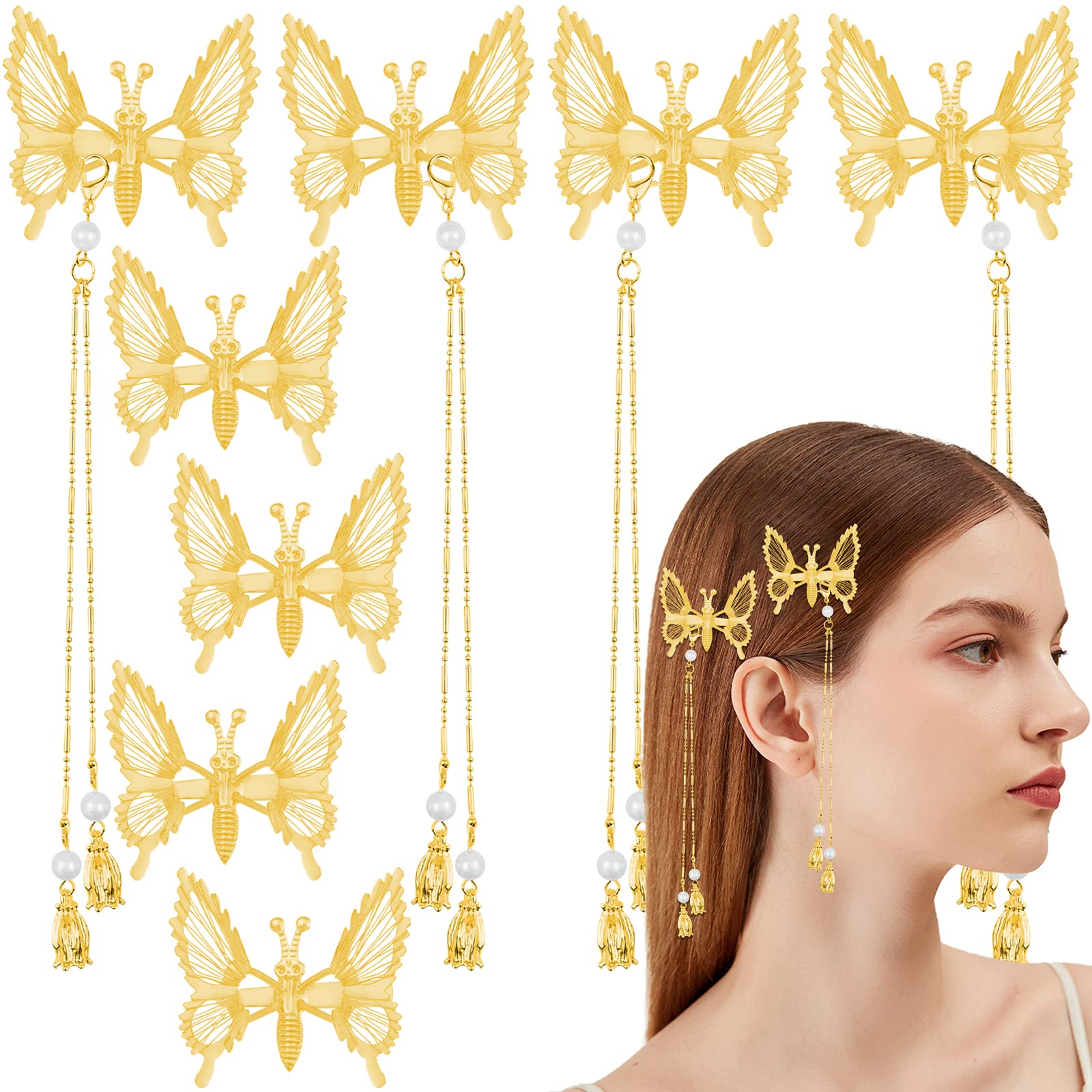 8 Pcs Elegant Tassel Butterfly Hair Clips - Vintage Metal Hair Barrettes with Moving Wings - Fashionable Hair Accessories for Women & Girls (Gold) | Perfect for Weddings, Parties, Prom and Everyday Styling