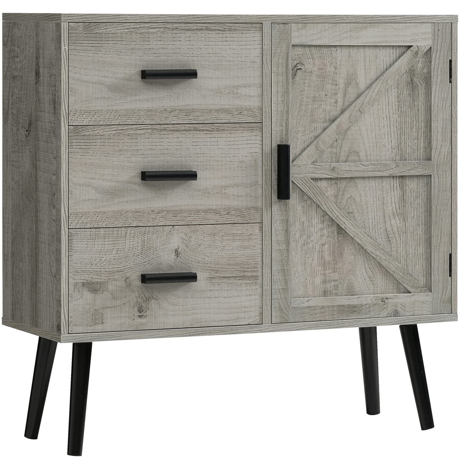 Mid Century Modern Storage Cabinet with 3 Drawers & Barn Door - Adjustable Shelf Wooden Accent Cabinet for Living Room, Bedroom, Dining Room - Grey | Perfect for Home Organization, Displaying Decor & Storing Linens