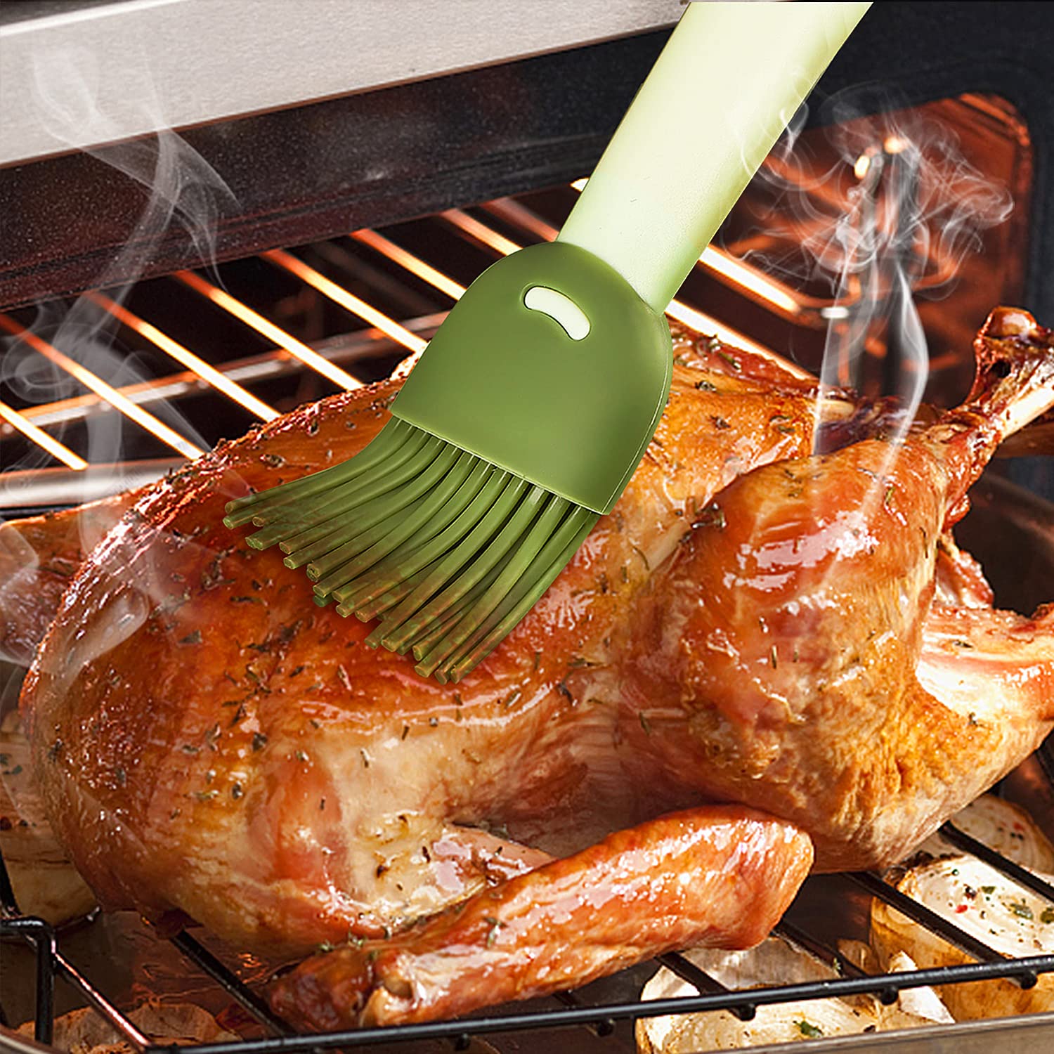 Premium Silicone Basting Brush & Pastry Brush Set - Heat-Resistant Kitchen Tool for Baking, Grilling, Roasting - Perfect for Basting Turkey, Spreading Butter, Glazing Meats - Brown & Green (Ideal for Thanksgiving, BBQ, Home Cooking)
