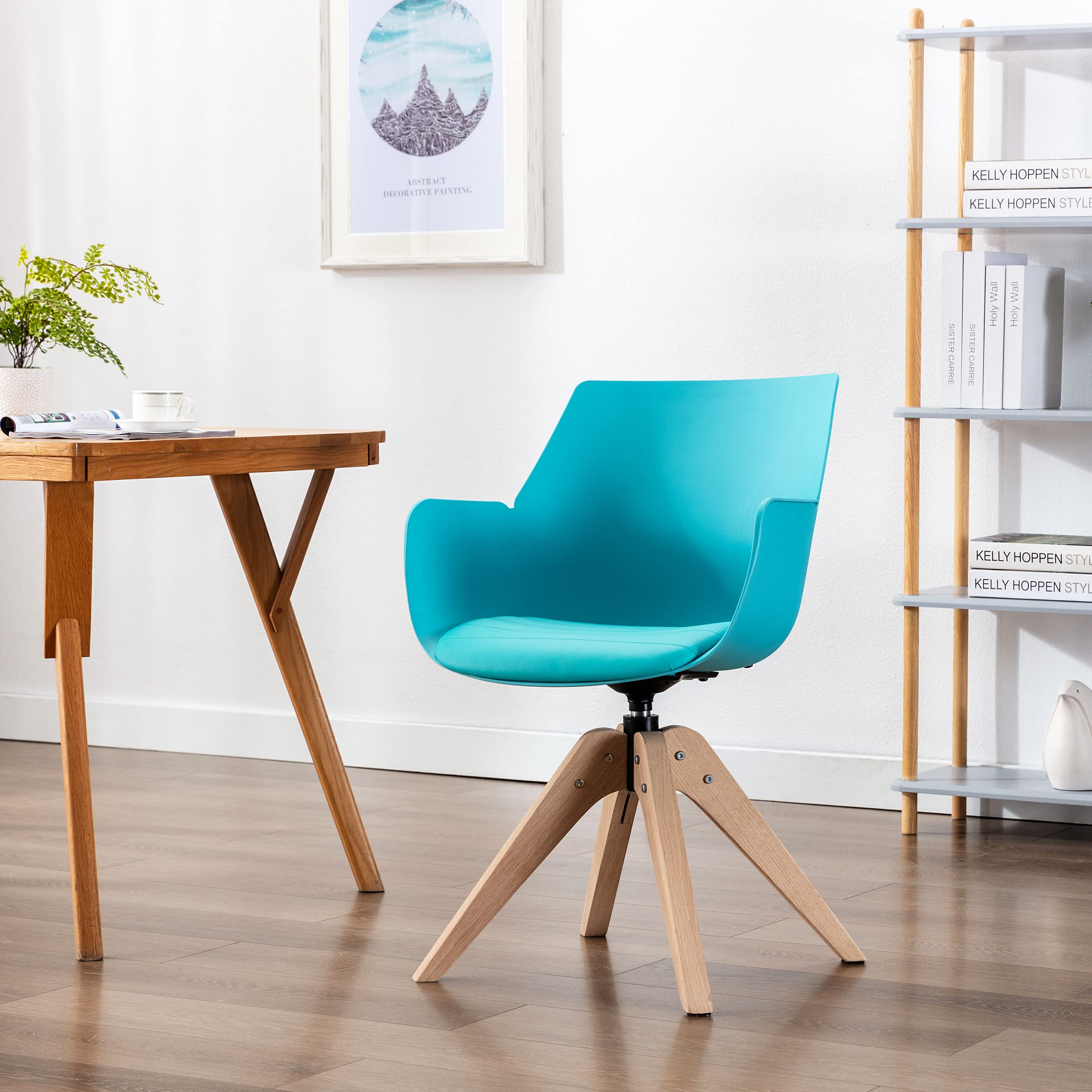 KINWELL Modern Home Office Desk Chair - No Wheels Mid Century Fabric Swivel Accent Chair with Wood Legs - Blue Slim Adult Chair for Living Room, Kitchen, Bedroom & Dining Room - Perfect for Small Spaces, Home Offices & Reading Nooks