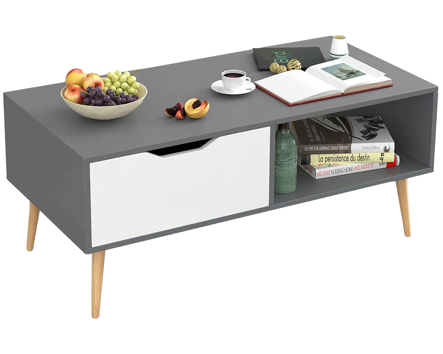 Modern Minimalist Coffee Table with Drawer & Open Storage Shelf - Sturdy Pine Legs for Living Room, Home Office - Easy Assembly, Black - Perfect for Small Spaces, Entertaining & Stylish Home Decor