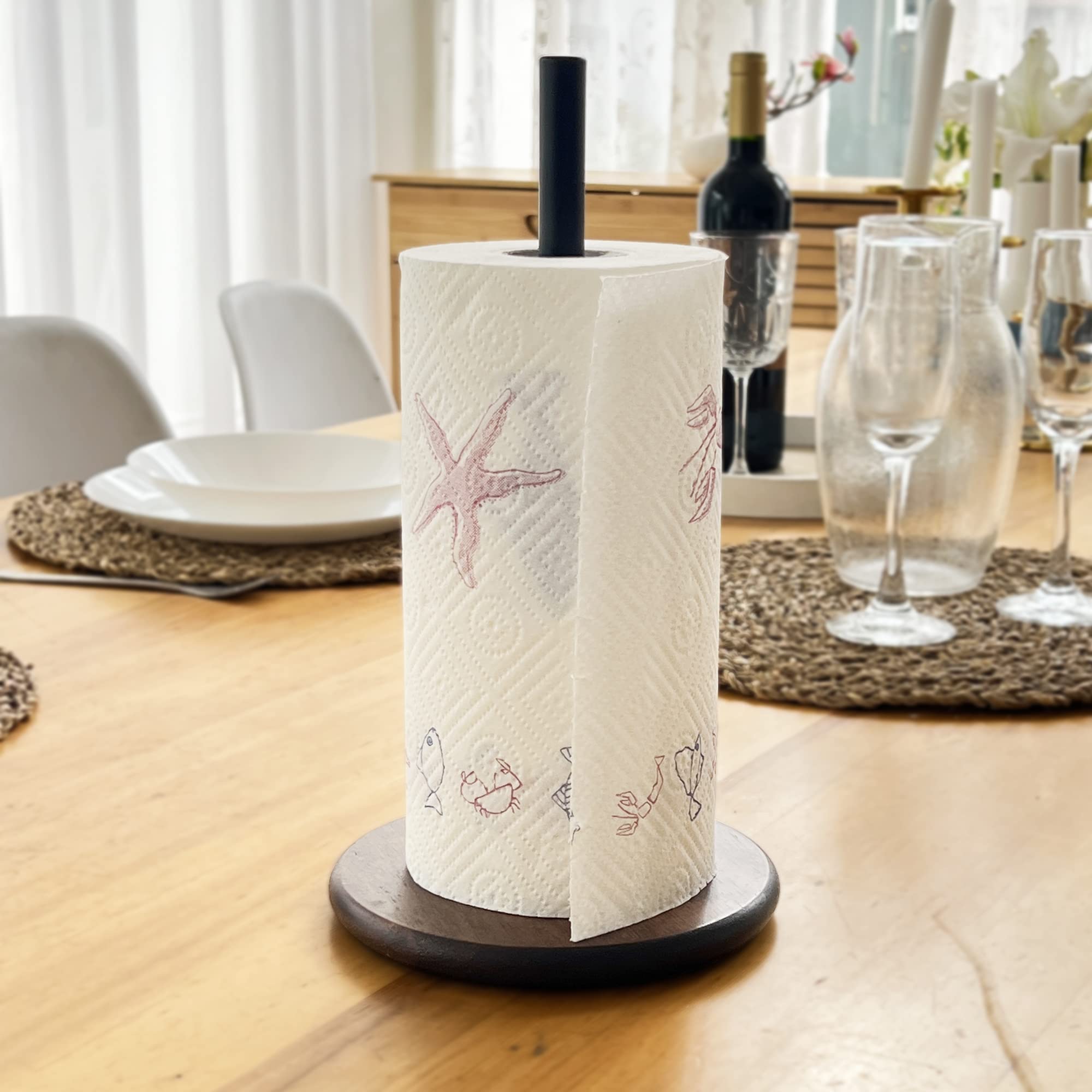 Premium Black Paper Towel Holder Stand with Elegant Wooden Base - Free-Standing Kitchen Countertop Dispenser for Standard & Jumbo Rolls - Perfect for Kitchens, Restaurants, and Office Break Rooms
