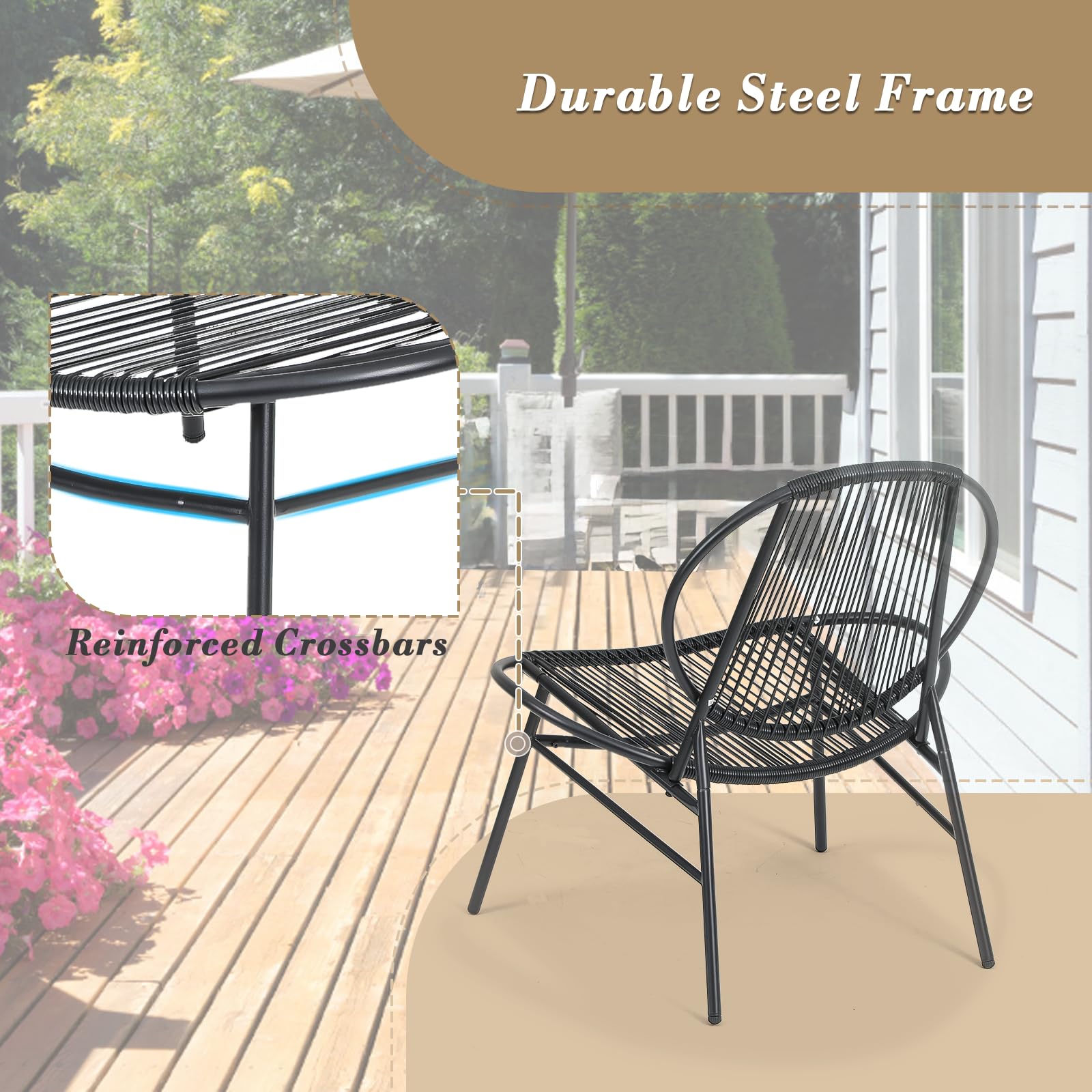 3-Piece Patio Conversation Set - All-Weather Rattan Acapulco Chairs & Round Table Bistro Set for Indoor/Outdoor Use - Perfect for Balcony, Poolside, Garden, Backyard & Patio Decor (Black)