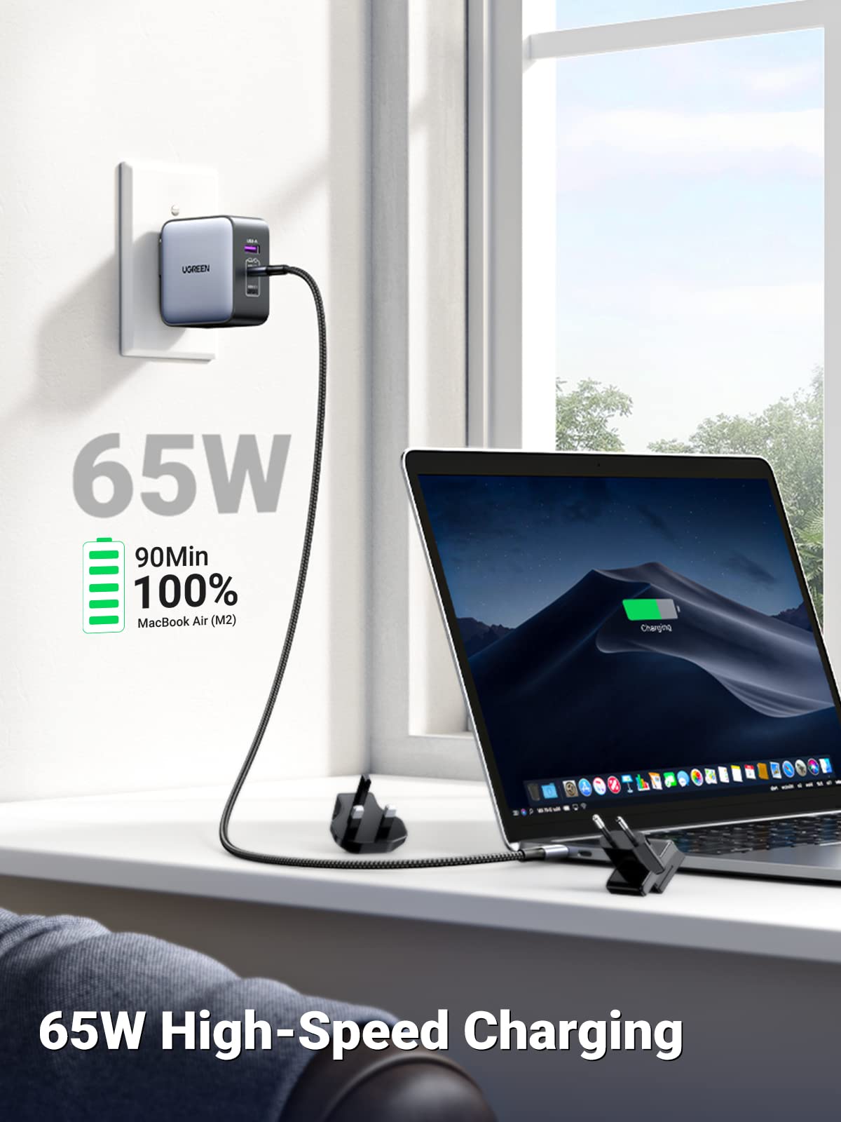 UGREEN Nexode 65W GaN Fast Charger with 3 USB-C Ports - Compact Travel Charger for iPhone, MacBook, Samsung - US/UK/EU Plug (Ideal for Business Trips & International Travel)