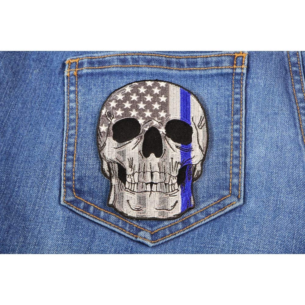 Blue Stripe American Flag Skull Police Patch - Embroidered Badge for Law Enforcement, Biker Vest & Military Uniform | Tactical Gear Accessory for Jackets, Hats & Backpacks