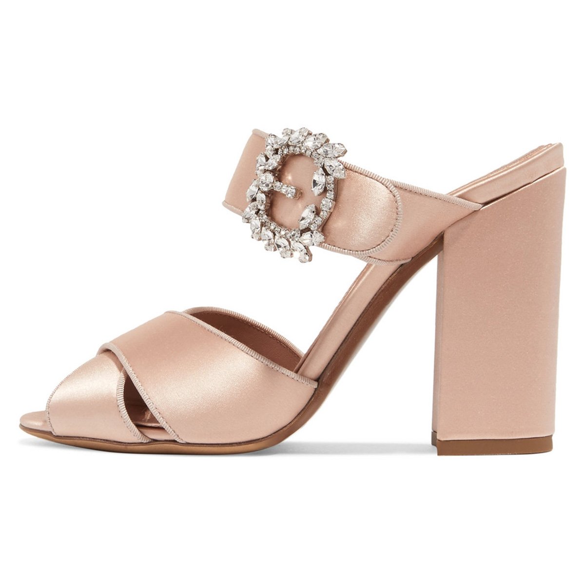 XYD Women's Rhinestone Buckle Peep Toe Chunky High Heel Slide Sandals - Satin Mules Pumps for Party, Wedding & Evening Occasions