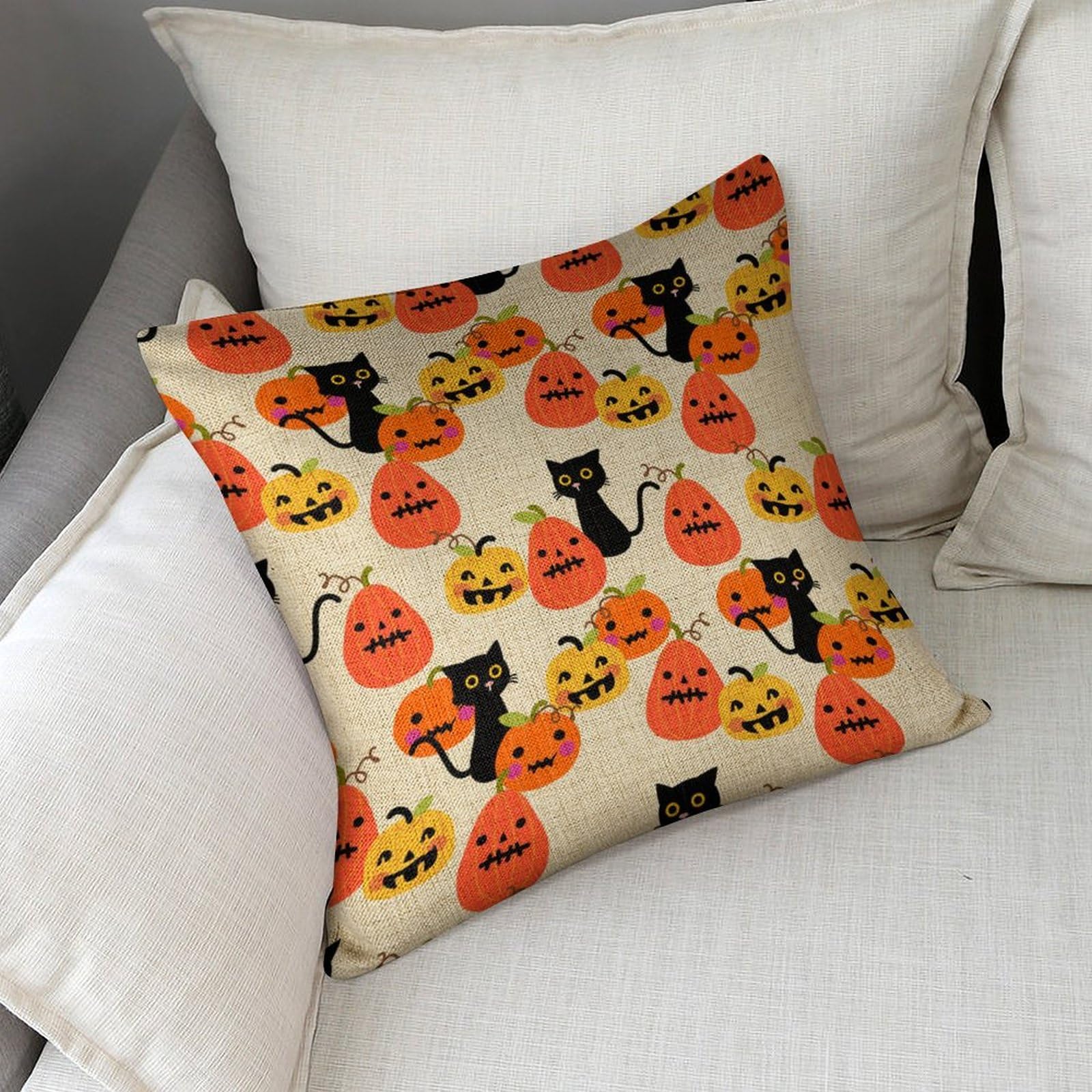 Black Cat Linen Pillow Covers 18x18 Inch Set of 2 - Halloween Pumpkin Throw Pillow Cases, Decorative Square Cushion Protectors for Sofa, Couch & Bed - Perfect for Fall Decor, Spooky Home Accents and Cozy Living Room Vibes