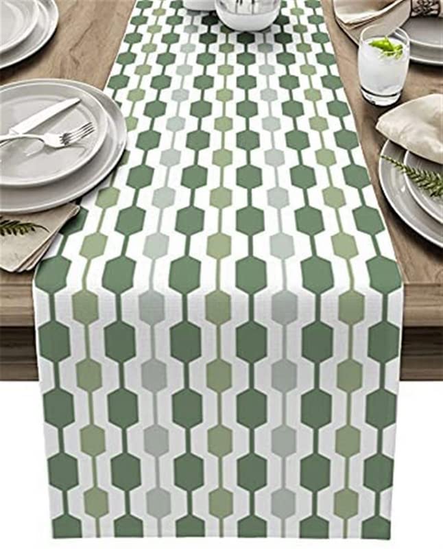 Hexagon Green Table Runner - Mid-Century Modern Kitchen Decor for Dining & Coffee Tables