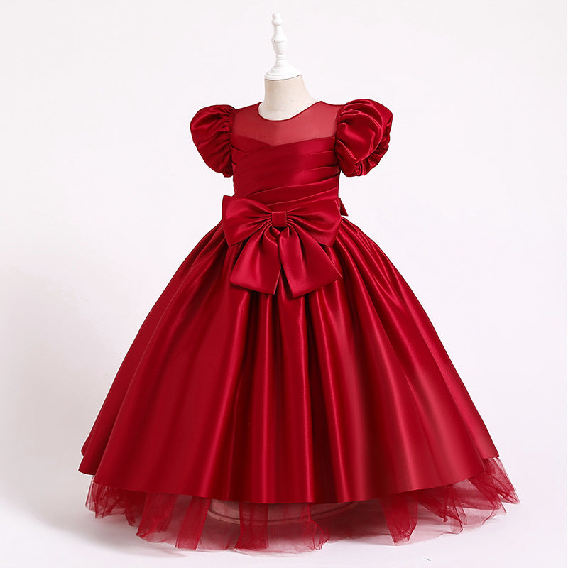 Elegant Satin Princess Flower Girl Dress with Puff Sleeves & Floor Length - Perfect for Weddings, Pageants & Special Occasions