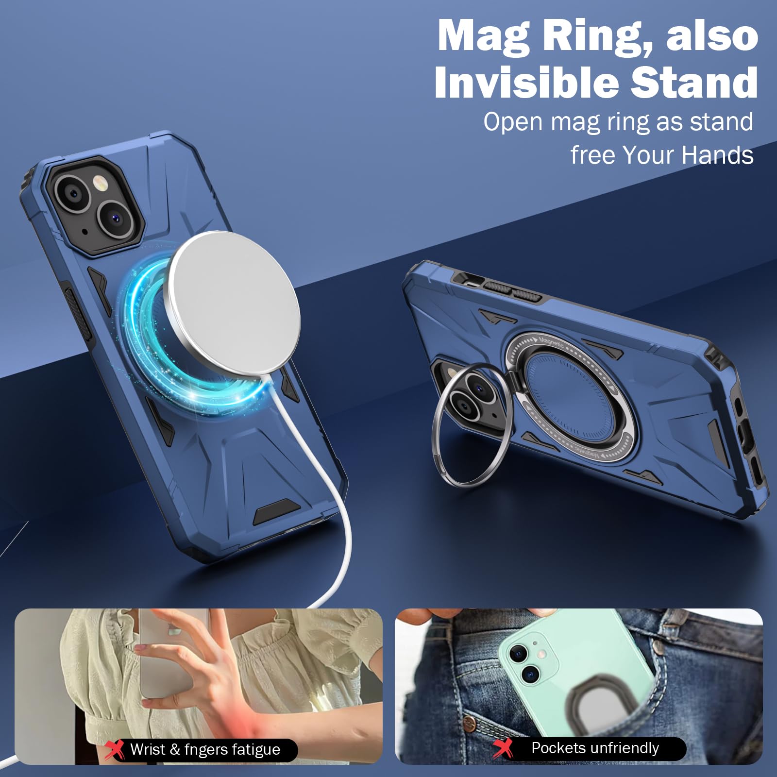 KSWOUS Magnetic Phone Case for iPhone 15 Plus with Rotatable Stand | Military-Grade Shockproof & Rugged Protection | MagSafe Compatible | Perfect for Workouts, Travel & Outdoor Adventures (Blue)