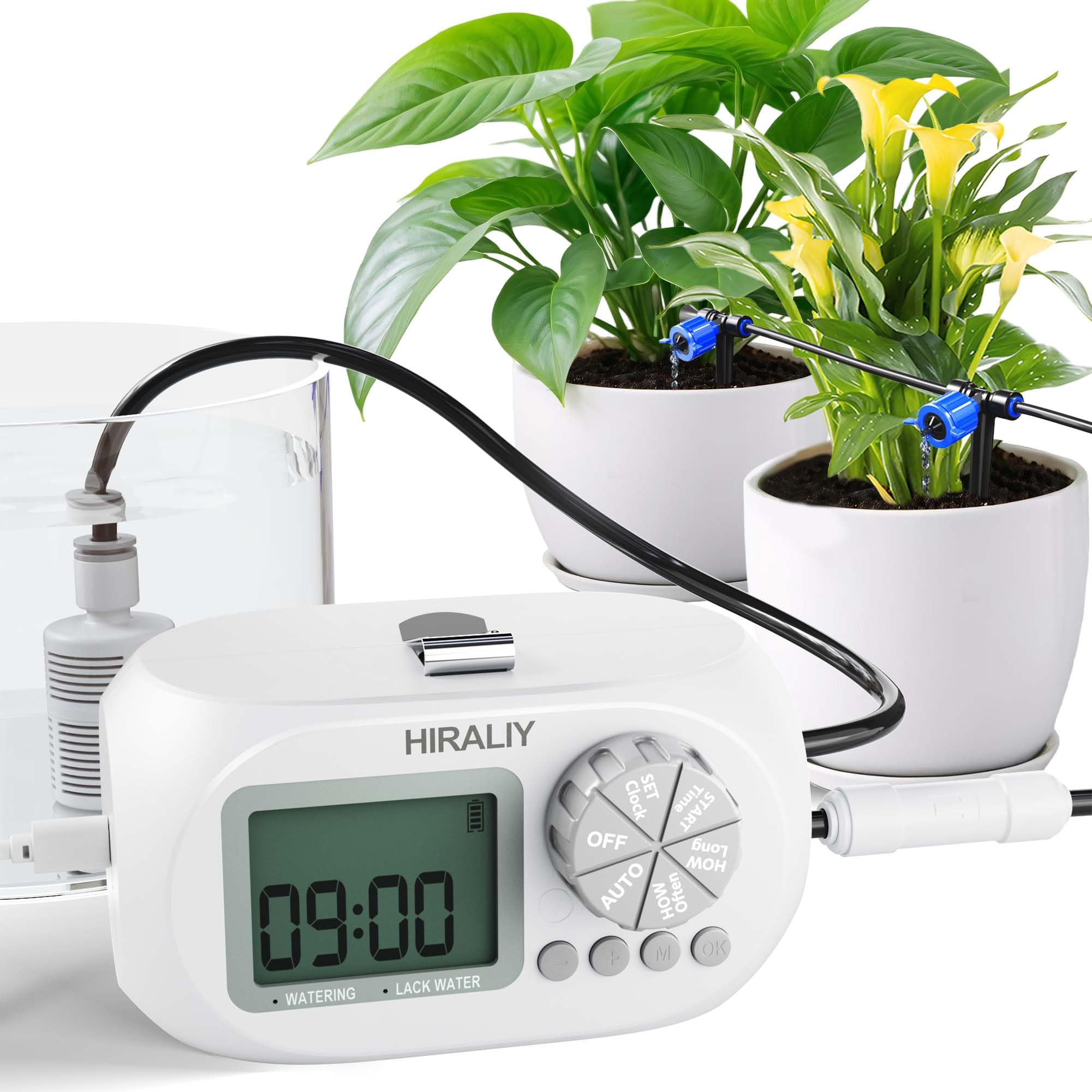 HIRALIY Automatic Indoor Potted Plant Drip Irrigation Kit with Timer - USB & Battery Powered, Pressure Compensating Drippers for Home Garden, Greenhouse & Balcony Plants