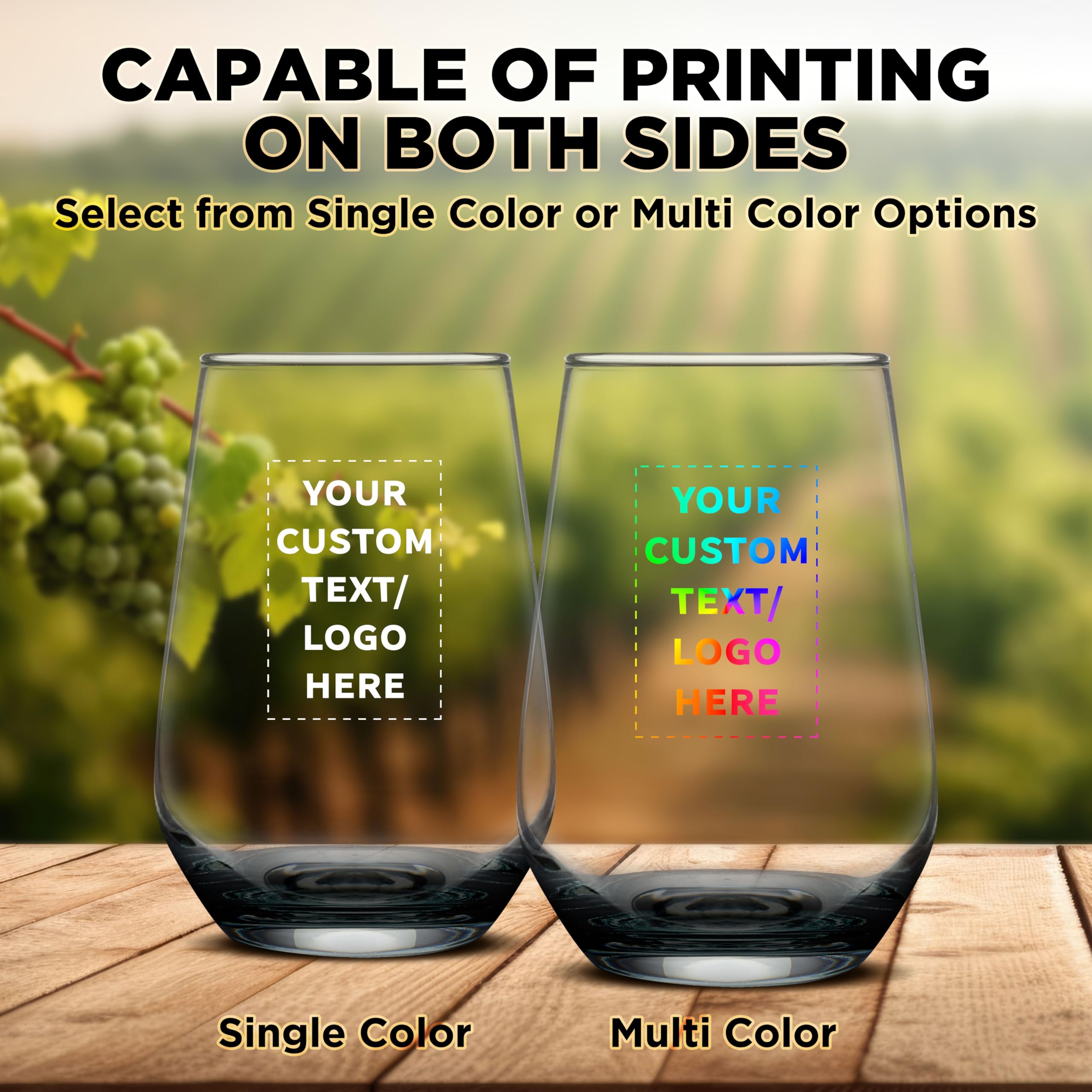 50-Pack 16 oz Stemless Wine Glasses with Thick Base - Clear Orb-Like Silica Glass - Custom Text & Logo Engraving - Perfect for Weddings, Parties & Corporate Events - Bulk Barware Set