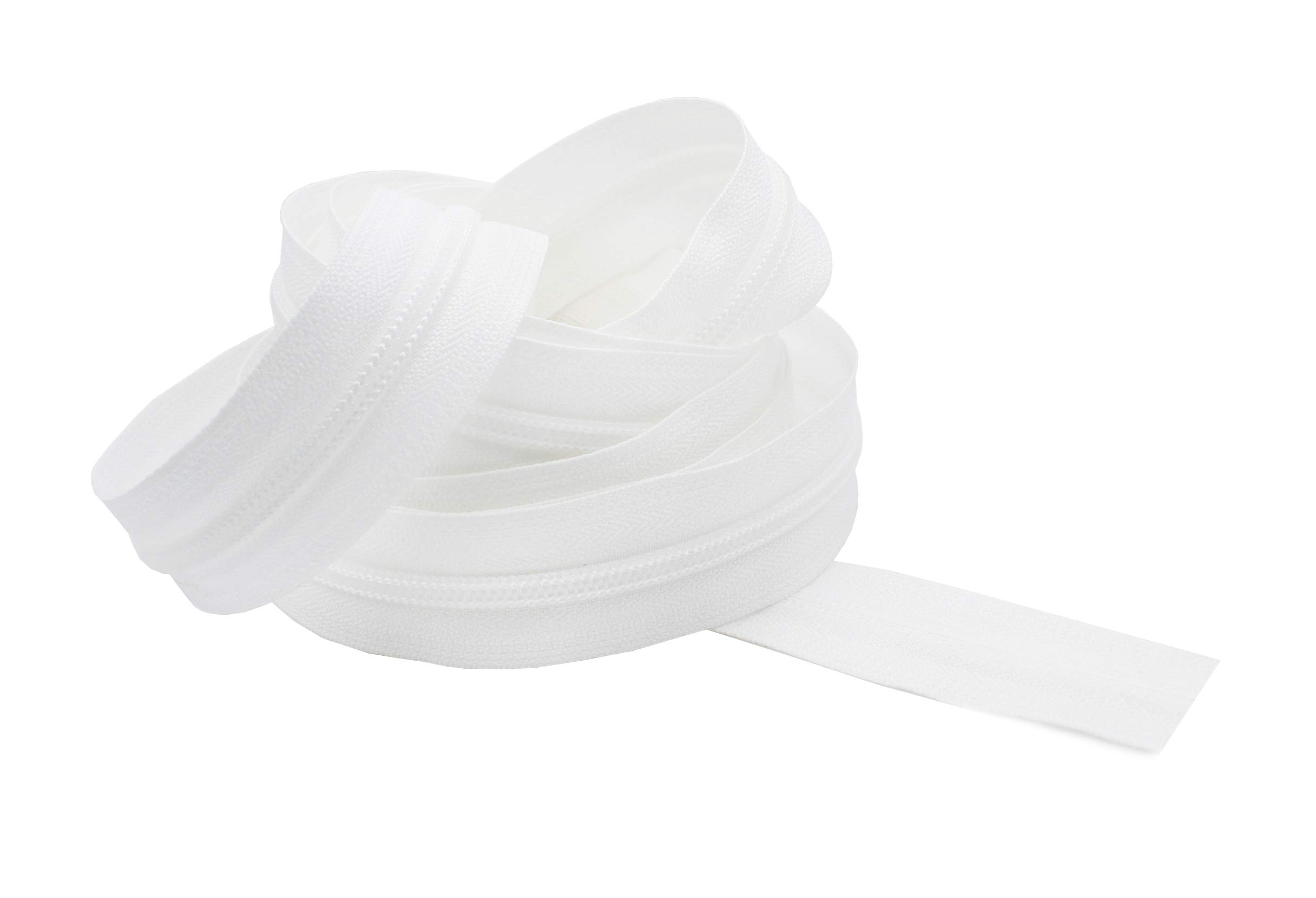 YKK #5 Coil Zipper Chain with Pulls - 5 Yards White Nylon Zipper Tape & 10 Metal Sliders for DIY Bags, Jackets, Cushions & Crafts - Heavy Duty Sewing Supplies