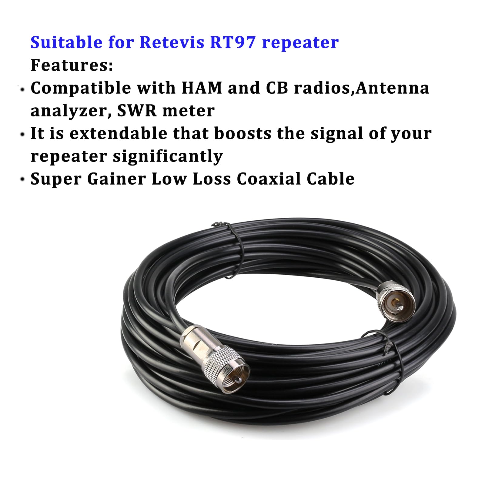 Retevis Low Loss Coaxial Cable - 15ft Pure Copper Coax Extension with SL16 Connector for RT97 Repeater & Two-Way Radios | Ham Radio, Emergency Communication, Outdoor Activities (1 Pack)