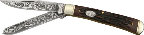Premium Damascus Steel Marble Trapper Knife - Etched Blade for Collectors & Outdoor Enthusiasts - Perfect for Camping, Hunting & EDC