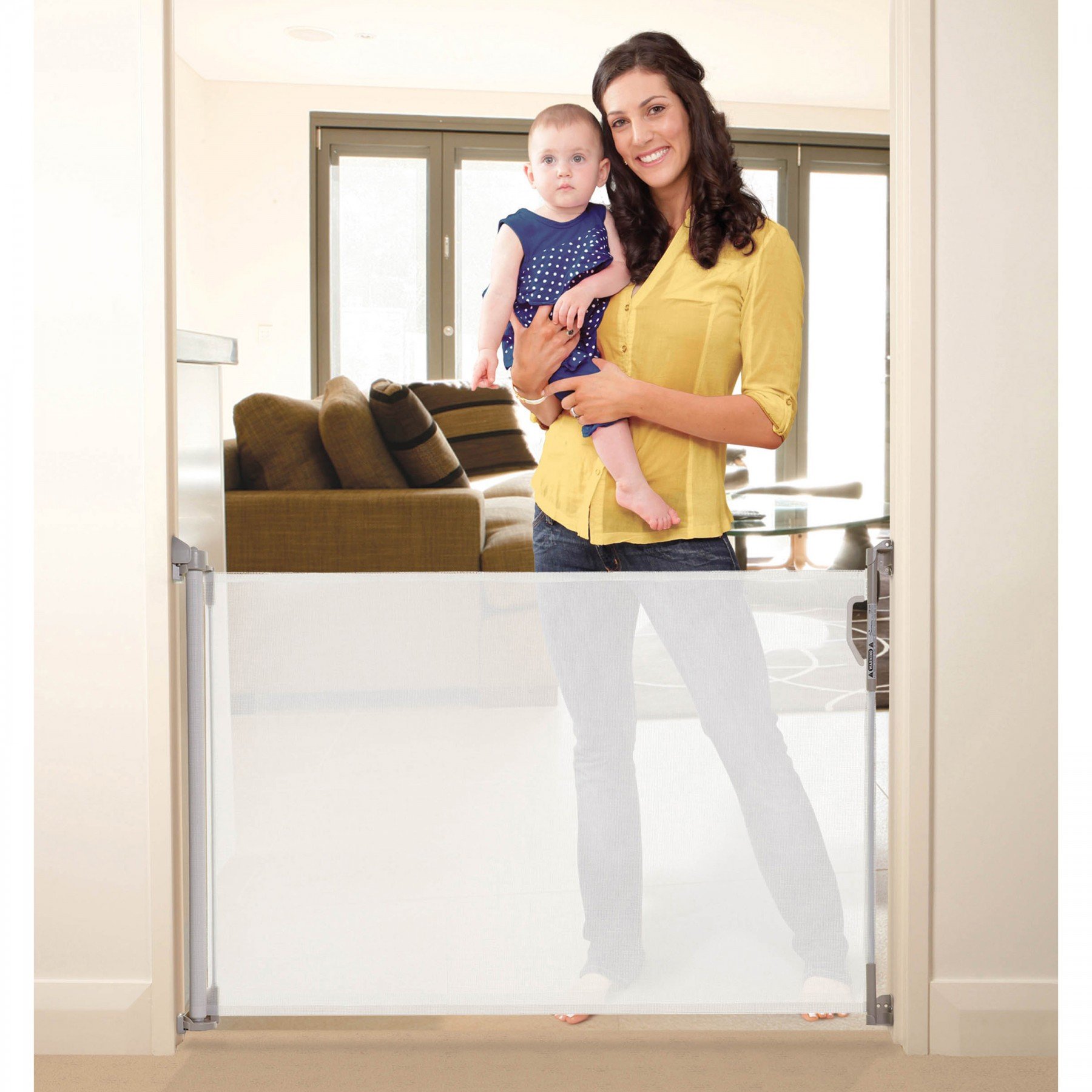 Dreambaby Stork Retractable Baby Safety Gate - White | Extra Wide Adjustable Child Proof Barrier for Doorways, Hallways & Stairs | Perfect for Homes with Toddlers & Pets