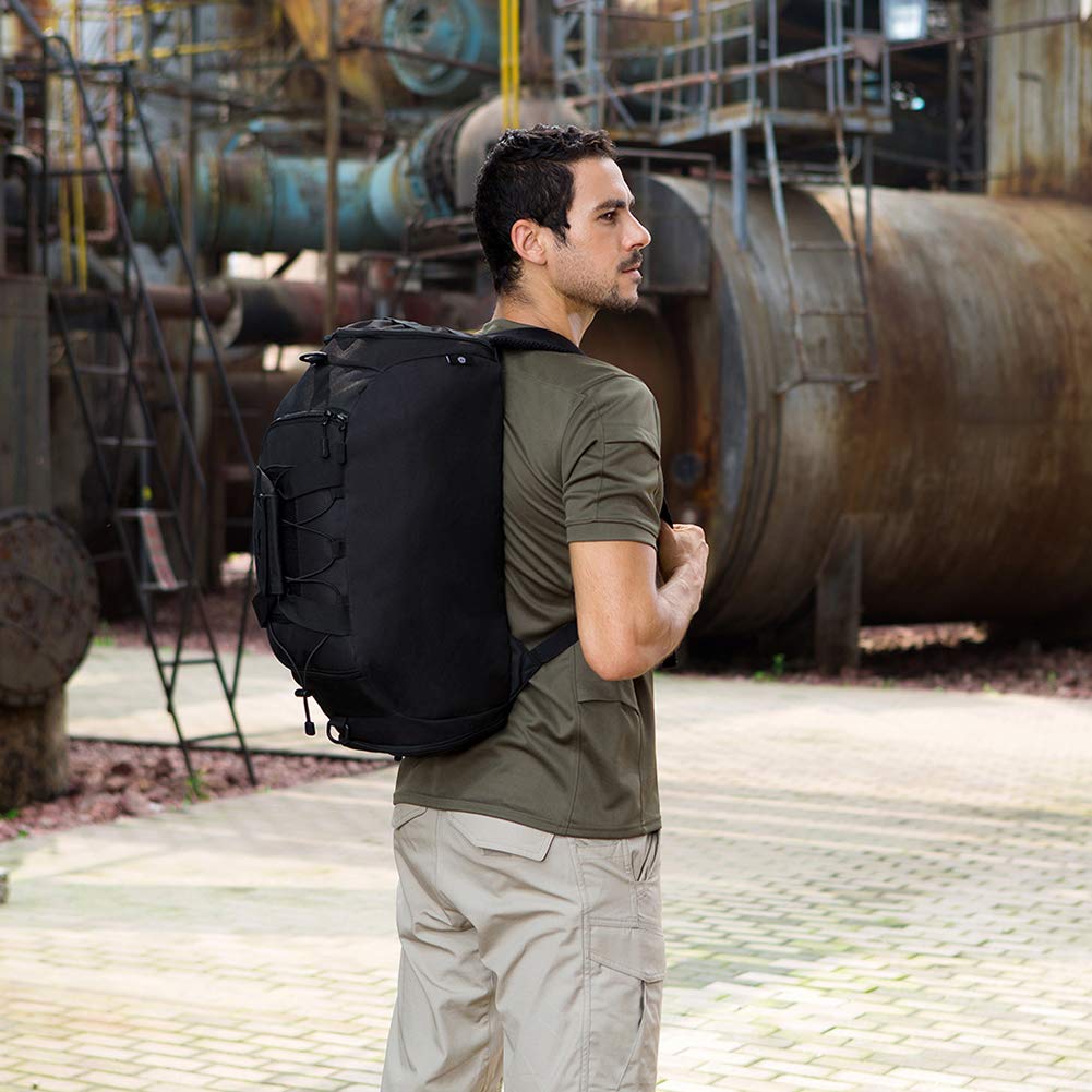 Tactical Duffle Bag 35L - Military MOLLE Gym Backpack for Men, Waterproof Travel Luggage with Rain Cover & Patch - Ideal for Camping, Hiking, Outdoor Sports & Gym Workouts (Black)