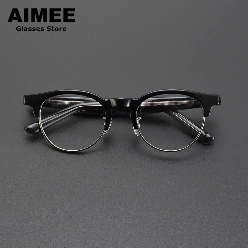 Aimee Unisex Full Rim Round Acetate Titanium Eyeglasses Frame 9006 - Lightweight & Durable Glasses for Men & Women - Perfect for Reading, Working, and Daily Wear