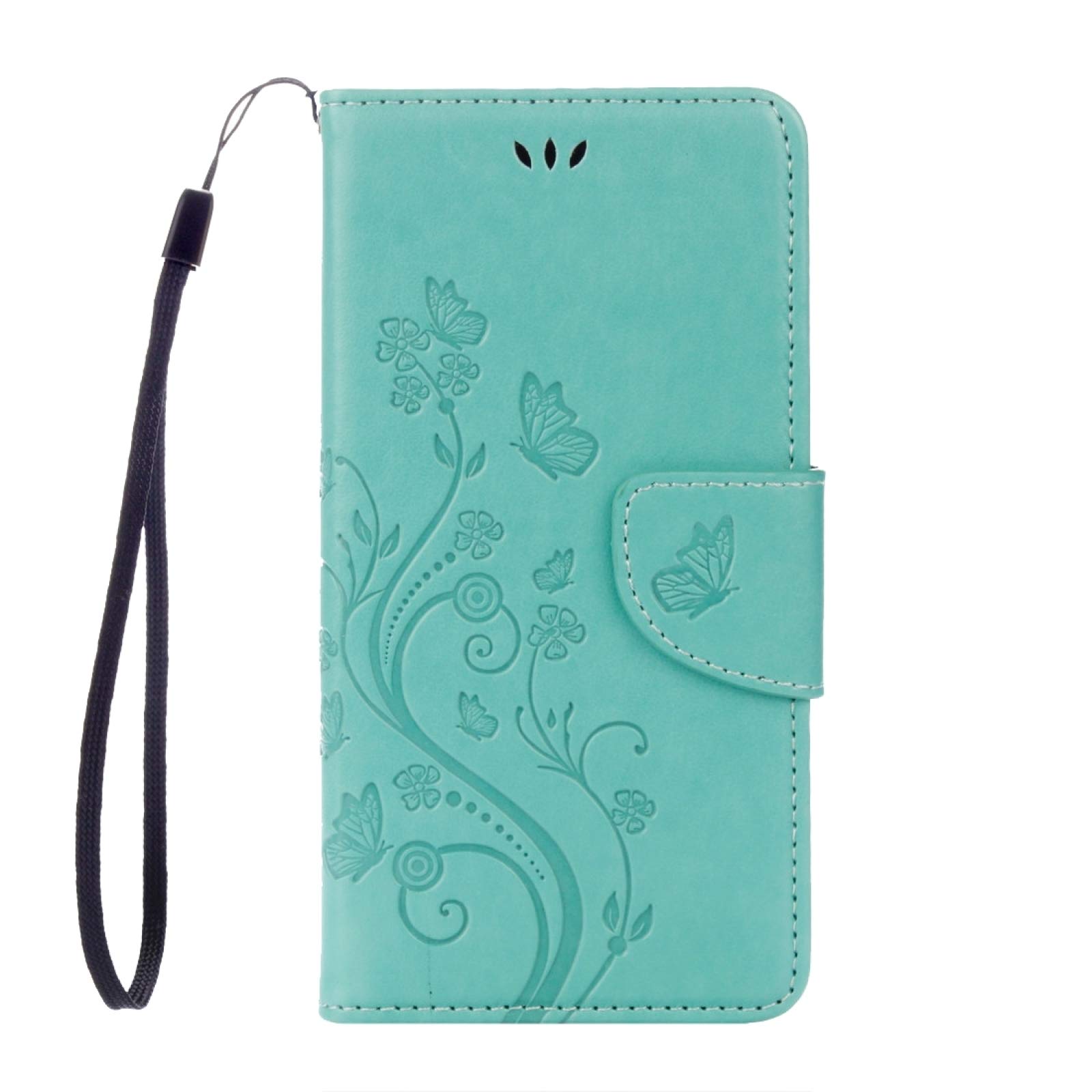 **HONGYAN BQ Aquaris X5 Plus Phone Case - Butterfly Floral Embossed Leather Flip Cover with Card Holder, Wallet & Lanyard (Green) - Perfect for Daily Use, Travel & Gift Giving**