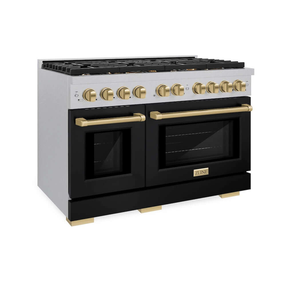 ZLINE Autograph Edition 48-inch 6.7 cu. ft. Double Oven Gas Range with 8 Burner Cooktop - Satin Stainless Steel, Black Matte Doors & Champagne Bronze Accents (SGRSZ BLM 48 CB) | Professional Kitchen Appliance for Home Chefs & Cooking Enthusiasts