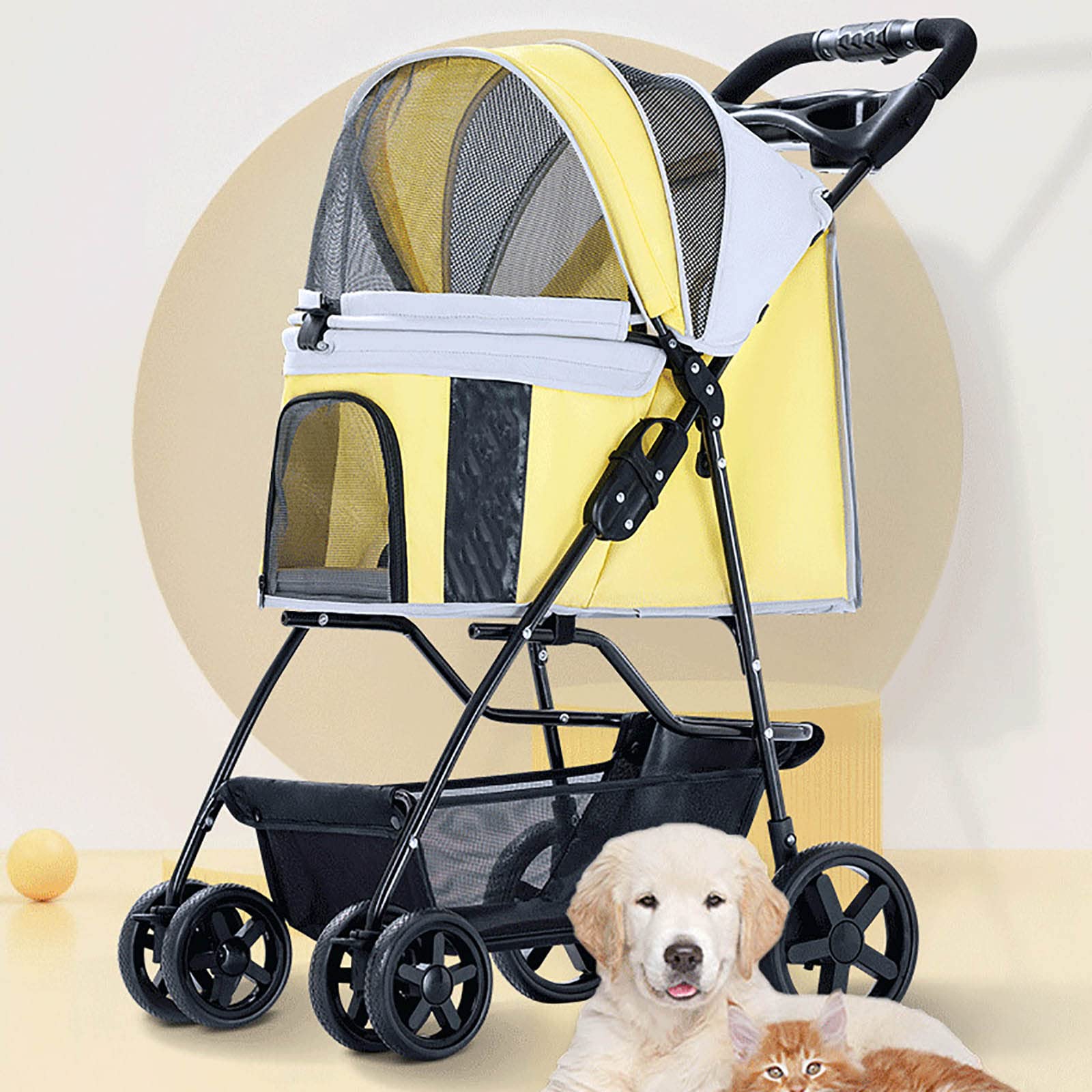 Foldable 4-Wheel Pet Stroller for Dogs & Cats - Weatherproof Carrier with Storage Basket & Brake System | Perfect for Outdoor Walks, Vet Visits & Travel Adventures