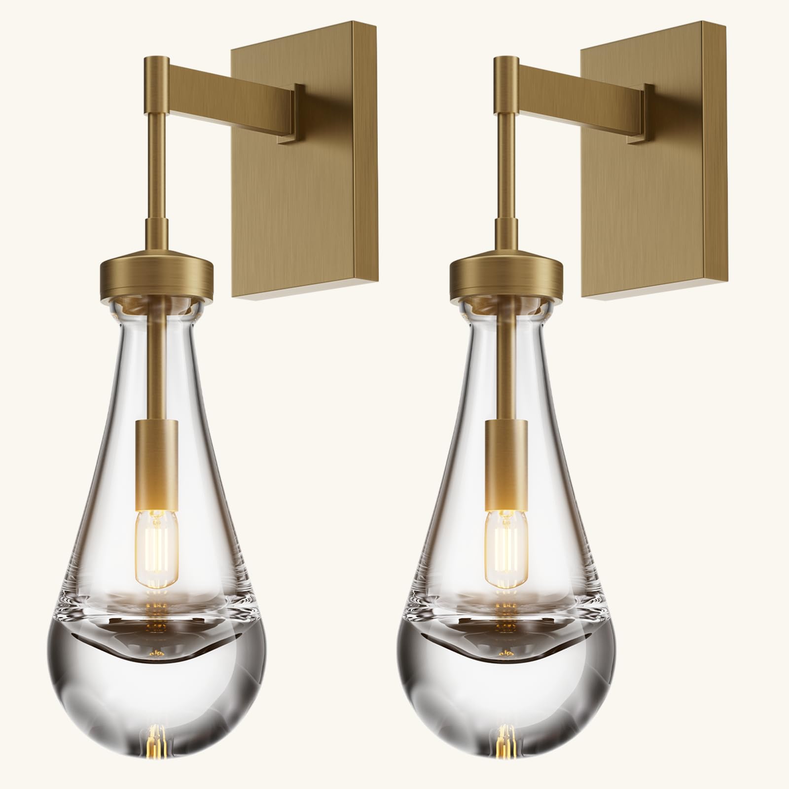Modern Brass Raindrop Wall Sconces Set of 2 - Hand Blown Solid Glass Vanity Lights for Bathroom, Bedroom & Living Room - Elegant Indoor Lighting Fixtures for Home Decor and Relaxing Ambiance