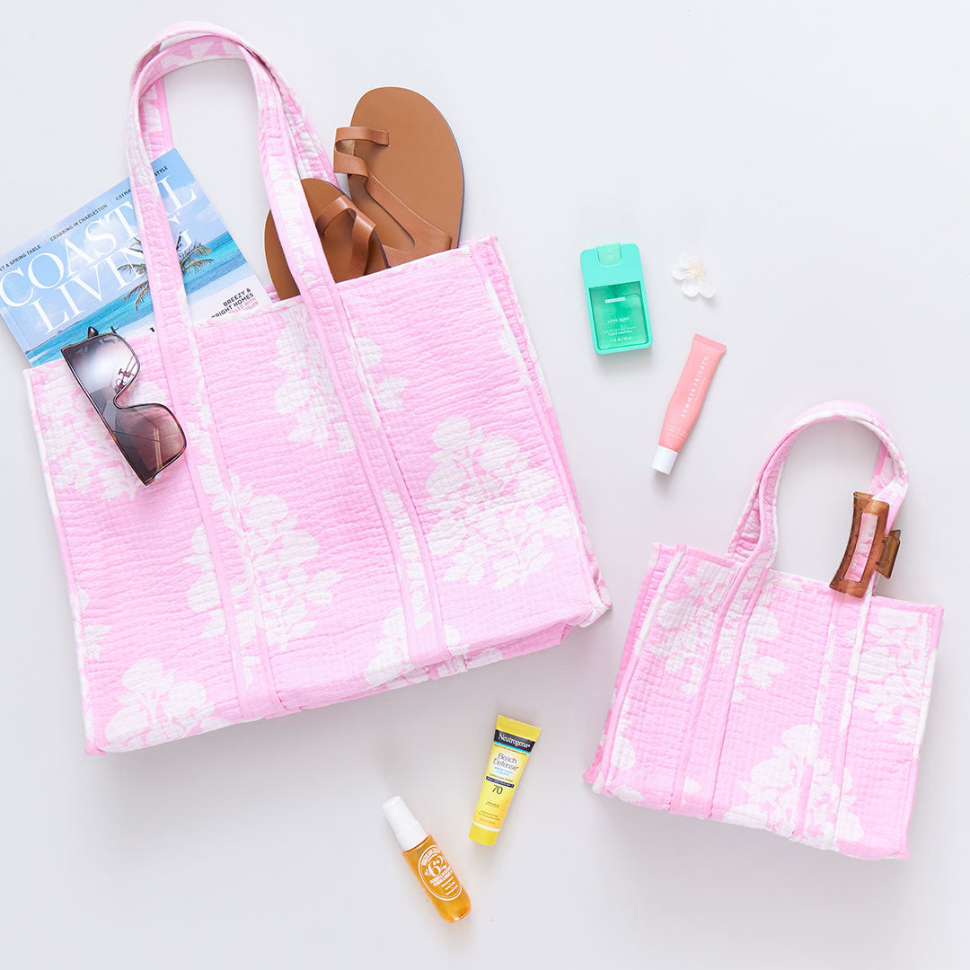 Reversible Quilted Tote Bag - Pink Floral Bouquet Design | Stylish Women's Handbag for Work, Travel & Shopping