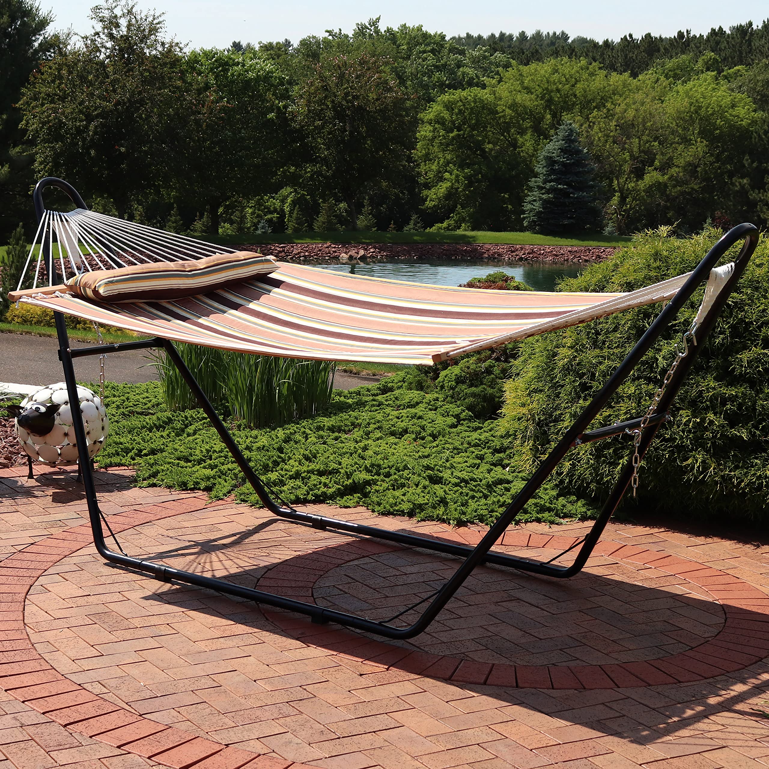 Sunnydaze Double Quilted Fabric Hammock with Universal Steel Stand - 450lb Weight Capacity - Black Stand - Perfect for Backyard, Patio, Beach & Outdoor Relaxation