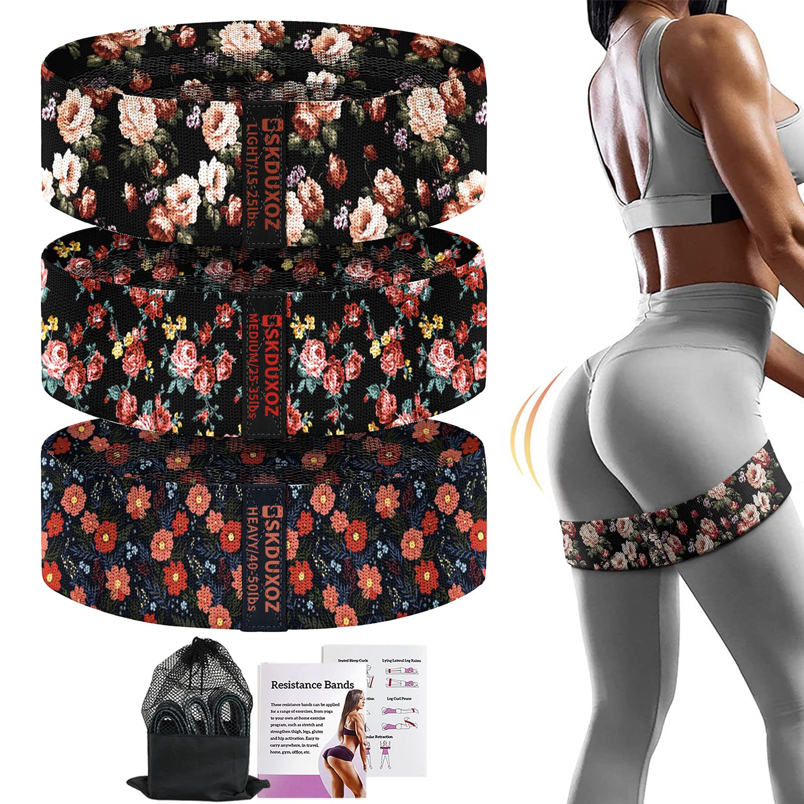 3 Non-Slip Resistance Loop Bands for Women - Booty Lift, Leg & Glute Workout - Home Gym Elastic Fabric Exercise Bands - Perfect for Squats, Yoga, Pilates & Strength Training