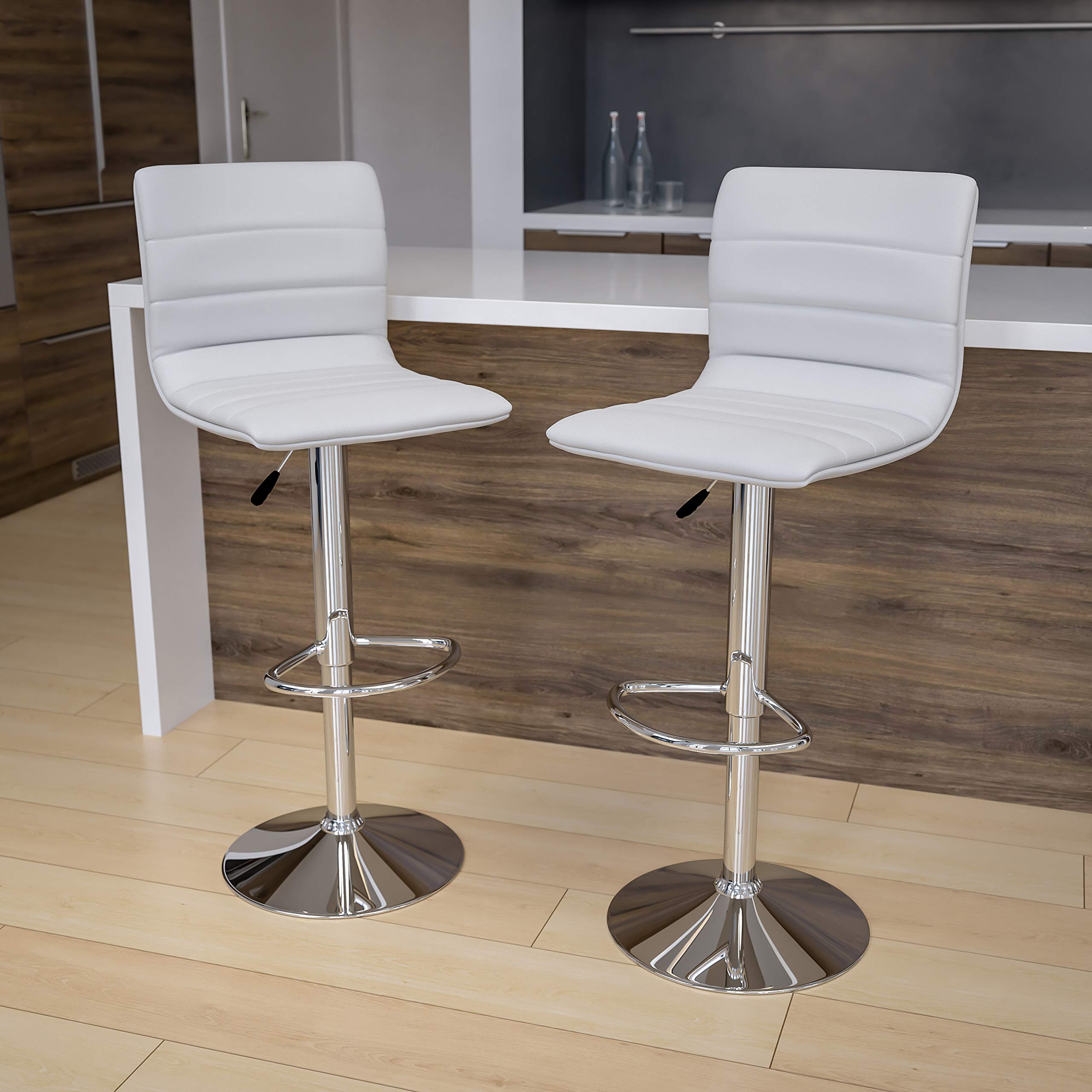 2 Pack White Vinyl Adjustable Height Bar Stools with Horizontal Stitch Back - Perfect for Kitchen Island, Breakfast Nook & Home Bar Counter Seating