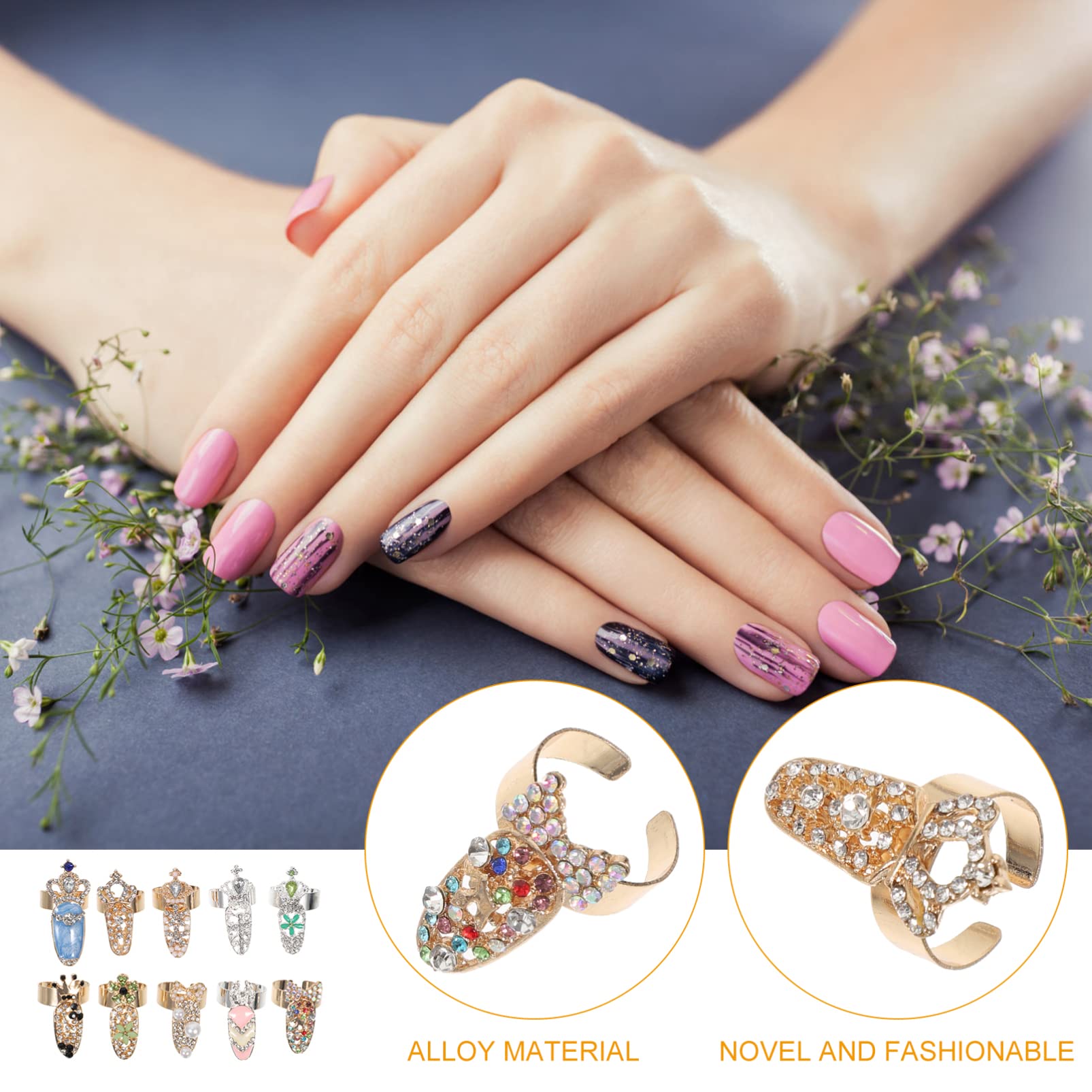10Pcs Flower Crystal Rhinestone Knuckle Rings for Women - Elegant Nail Jewelry for Parties, Weddings, and Everyday Fashion Accessories