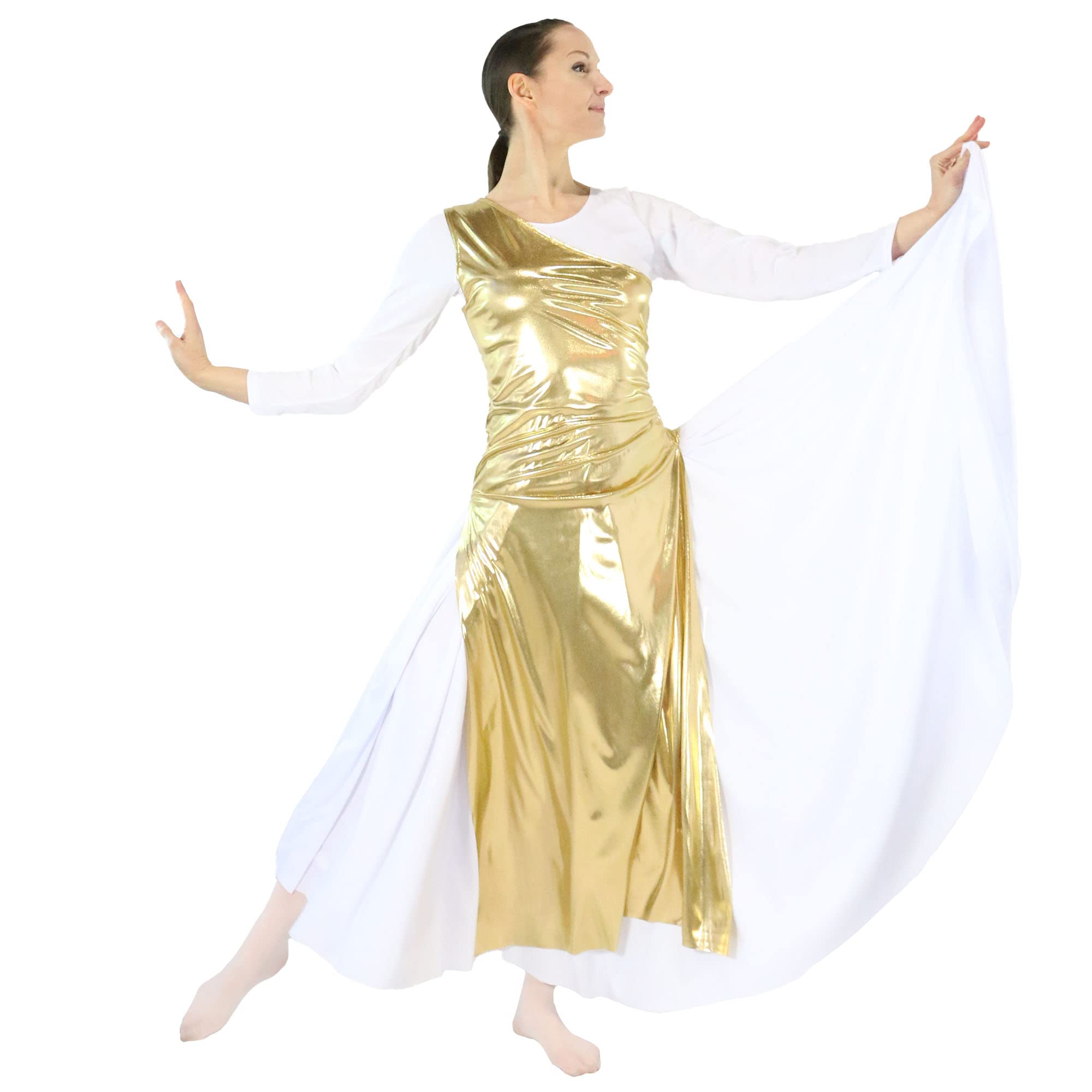 Danzcue Women's Metallic Worship Dance Tunic with Side Slits - Flowy Church Dance Top for Contemporary Worship & Ballet Performance (White Dress Not Included)