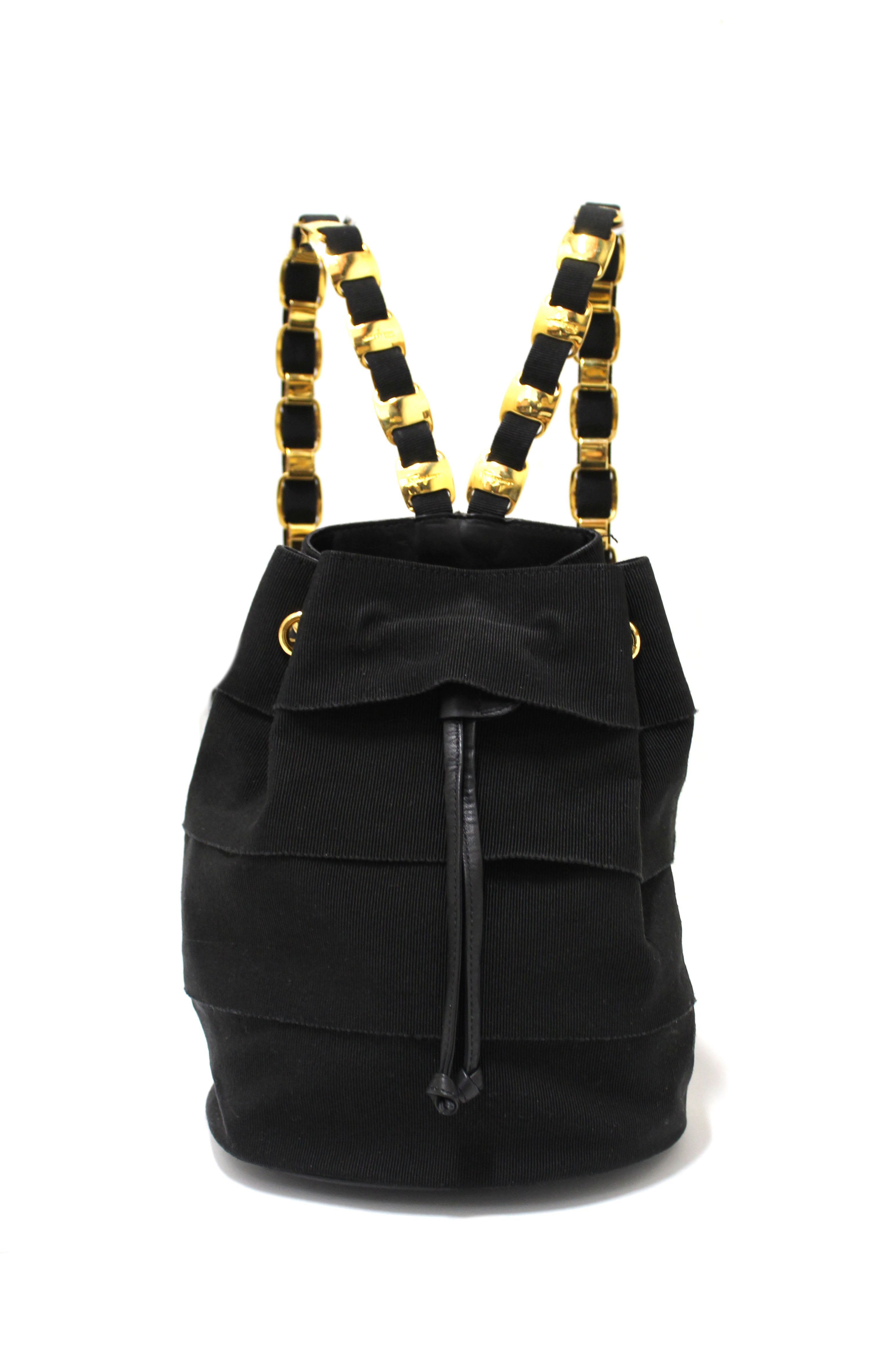 Authentic Salvatore Ferragamo Black Grosgrain Ribbon Tiered Drawstring Backpack for Women | Luxury Designer Handbag for Travel, Work & Everyday Use