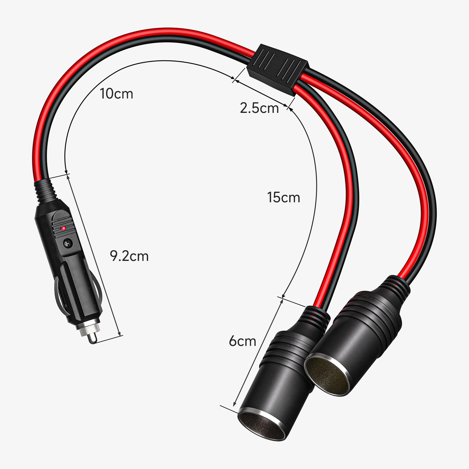 12V Car Cigarette Lighter Splitter 1 to 2 Port Adapter - Dual USB Charger Socket with 15A Fuse & 11.8in Extension Cord for Phones, GPS, Dash Cams - Perfect for Road Trips & Long Drives