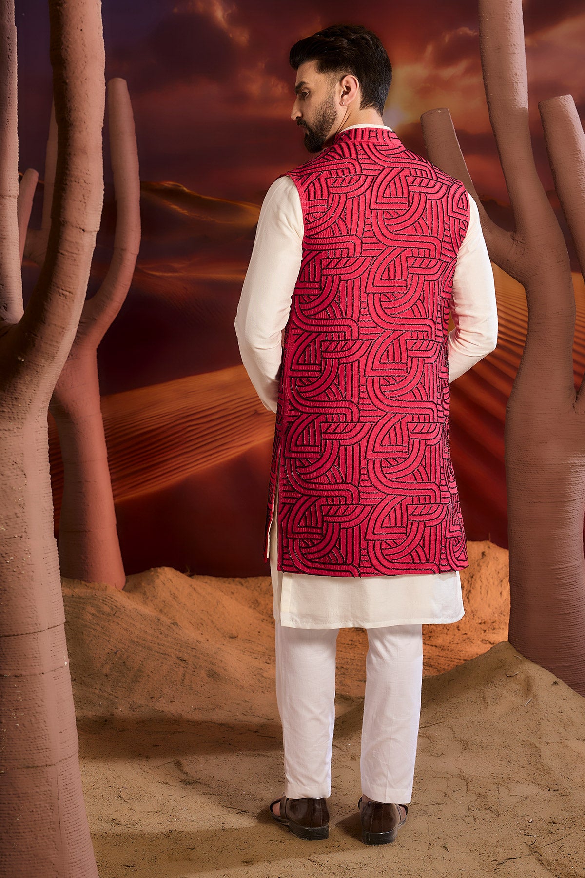 Elegant Hot Pink Geometric Embroidered Long Open Shrug - Perfect for Weddings, Parties & Evening Events