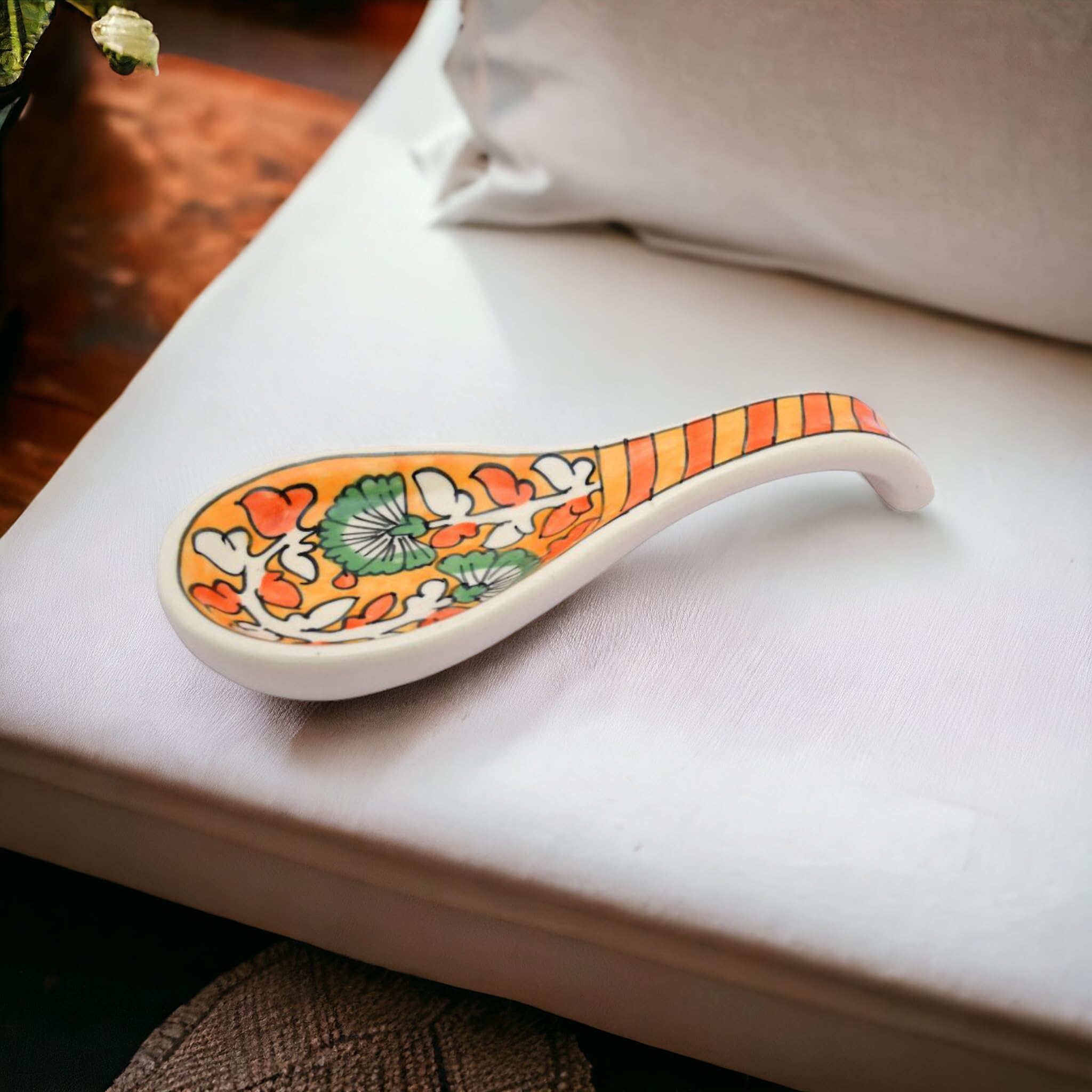 Hand-Painted Ceramic Spoon Rest - Multi-Orange Design for Kitchen Countertop | Durable Serveware & Cutlery Holder | Set of 2 | Perfect for Cooking, Serving, and Protecting Countertops from Hot Utensils